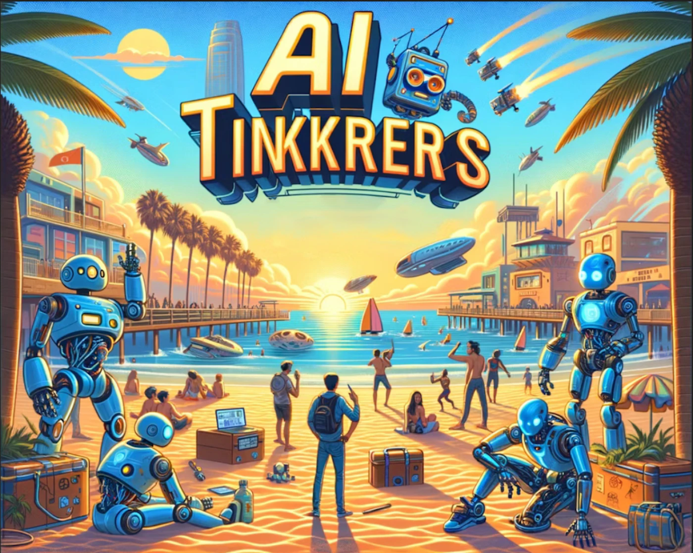 (Illustration) An illustration of people and robots on a sunny beach with a pier in the background. The title "AI Tinkrers" is prominently displayed. Text: AI Tinkrers 3D | Colors: #FFA500, #007FFF, #00A86B Note: The image is a stylized drawing, not a photograph, and depicts an imagined scene. It fits the characteristics of an illustration.