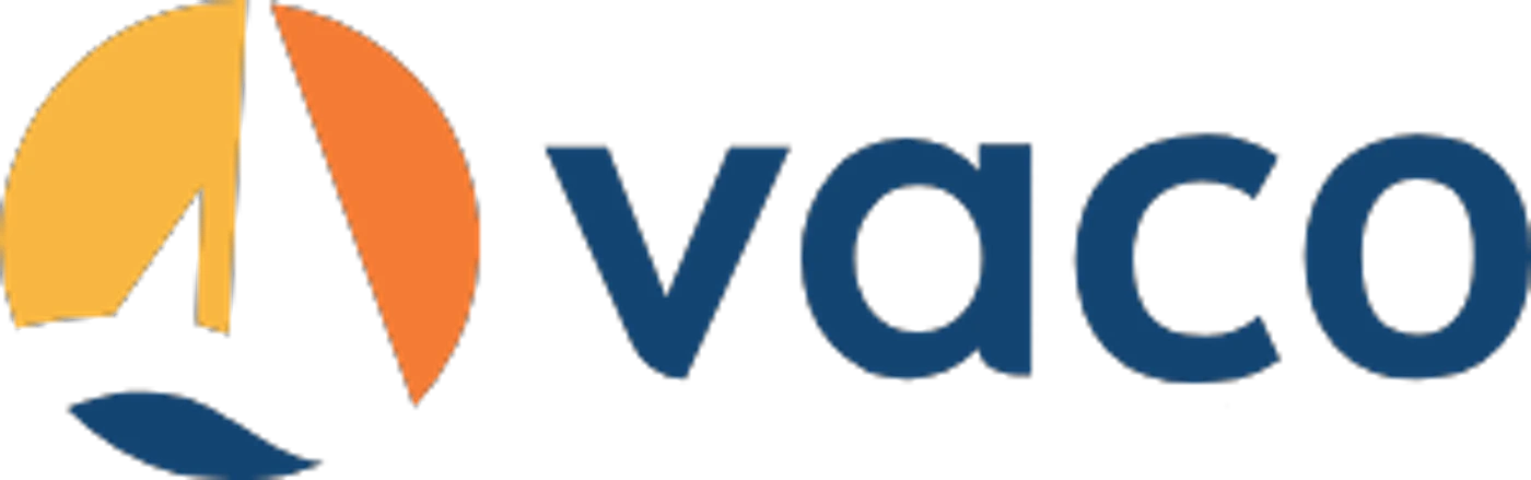 (Logo) The image displays a corporate logo featuring a stylized graphic element next to the word 'vaco'. The graphic element is a circular shape divided into segments of yellow, orange, and dark blue, resembling a pie chart or an abstract 'V' or sail. Text: vaco Colors: #F7B731, #EA7731, #1C4E80 Note: This image is categorized as a logo because it combines a distinctive graphic symbol with a stylized brand name ('vaco') to represent an organization or product. Its primary purpose is brand identification.