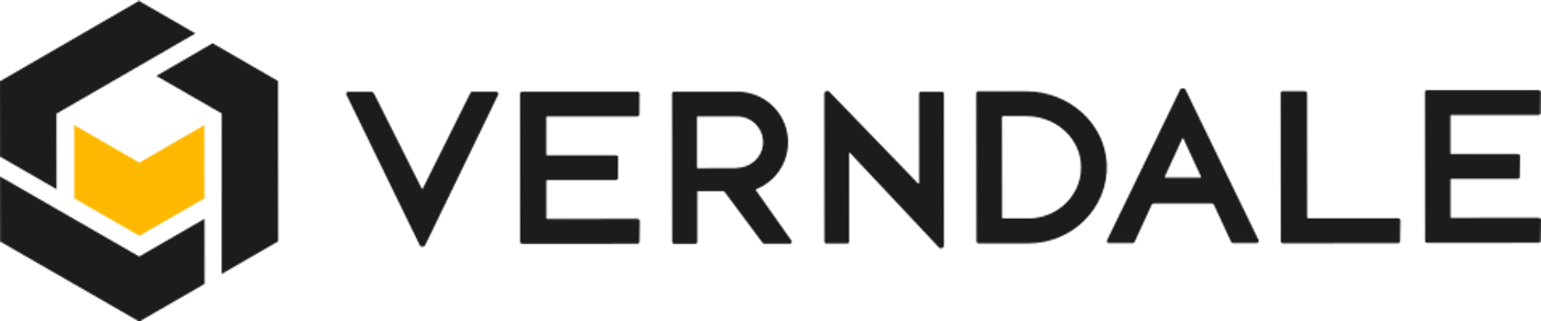 (Logo) A logo featuring the word 'VERNDALE' in dark grey text positioned to the right of an abstract, angular graphic element. The graphic element is predominantly dark grey with a bright orange, chevron-like shape in its center, all set against a solid black background. Text: VERNDALE Colors: #000000, #333333, #FF9900 Note: The image clearly presents a stylized brand name alongside a unique graphic mark, which are the defining characteristics of a corporate or product logo designed for identification.