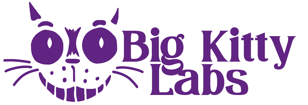 (Logo) A logo featuring a stylized purple cat face with large eyes and a wide, toothy grin, resembling the Cheshire Cat, positioned to the left of the brand name 'Big Kitty Labs' in a matching purple serif font. Text: Big Kitty Labs Colors: #5F1E8E, #FFFFFF Note: The image combines a distinct graphic element (stylized cat face) with a company name ('Big Kitty Labs') in a cohesive design, which is characteristic of a brand identity mark or logo.