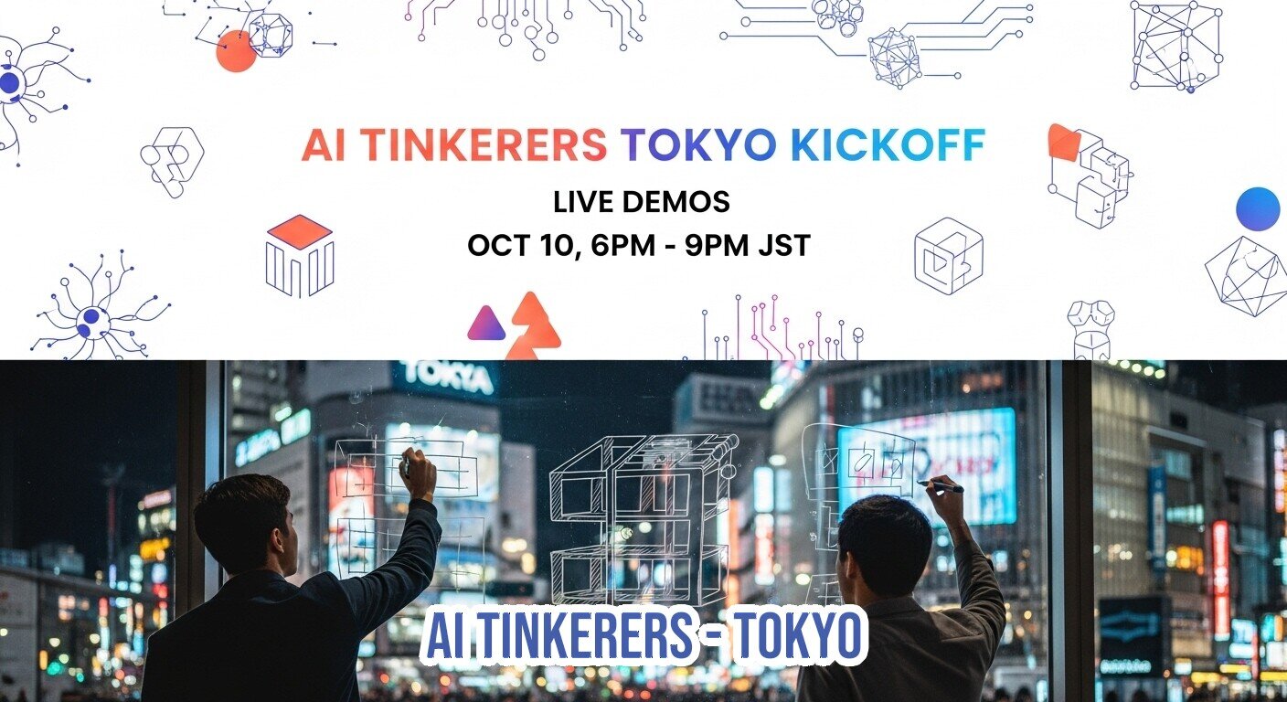The image is a promotional banner for an event called 'AI Tinkerers Tokyo Kickoff', featuring event details and abstract tech-themed graphics in the upper half, combined with a photograph of two people drawing architectural outlines on a window overlooking a vibrant Tokyo cityscape at night in the lower half.. Text: AI TINKERERS TOKYO KICKOFF
LIVE DEMOS
OCT 10, 6PM - 9PM JST
AI.TINKERERS = TOKYO