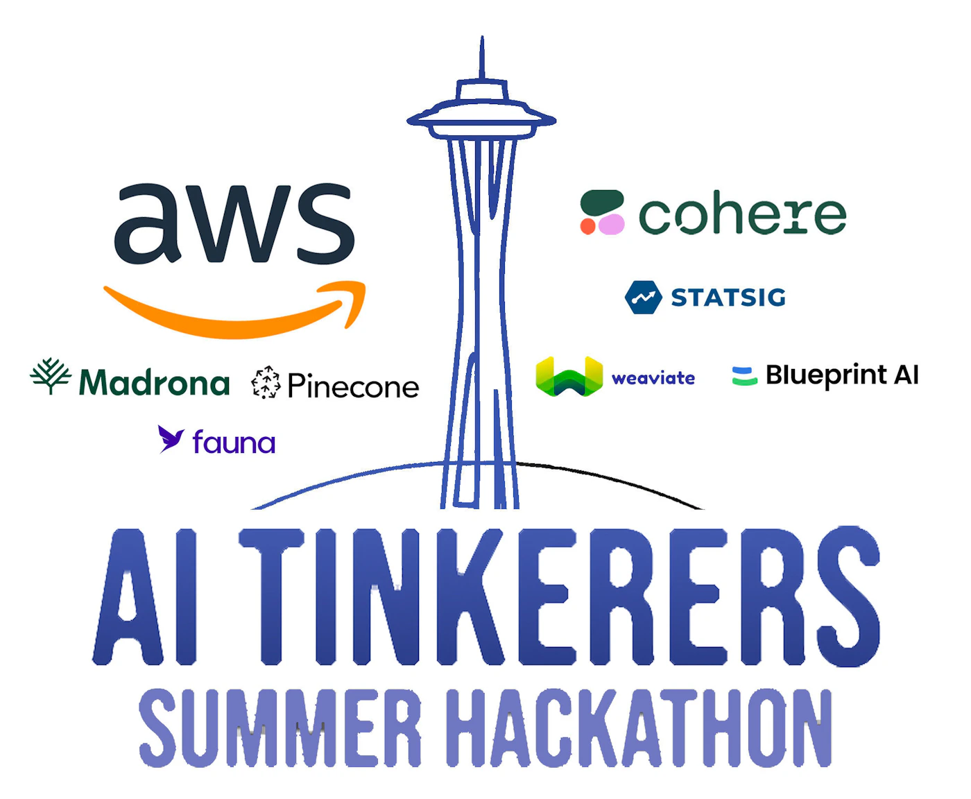 (Banner) This image is a banner for the AI Tinkerers Summer Hackathon, listing various sponsors like AWS, Cohere, and others. Text: aws Madrona Pinecone fauna cohere STATSIG weaviate Blueprint AI AI TINKERERS SUMMER HACKATHON modern, simple Note: The image clearly promotes an event with a headline, sponsors' logos, and event details, fitting the characteristics of a banner.