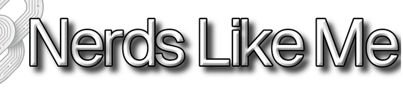 (Logo) The image displays a logo featuring the text 'Nerds Like Me' in white, 3D-effect lettering, accompanied by a stylized graphic on the left resembling circuit board traces or a brain pattern. The overall design is set against a solid black background. Text: Nerds Like Me Colors: #FFFFFF, #C0C0C0, #000000 Note: This image is classified as a logo because it combines a distinct textual phrase with a unique graphic element, designed to represent a brand or identity. Its primary purpose appears to be brand recognition.