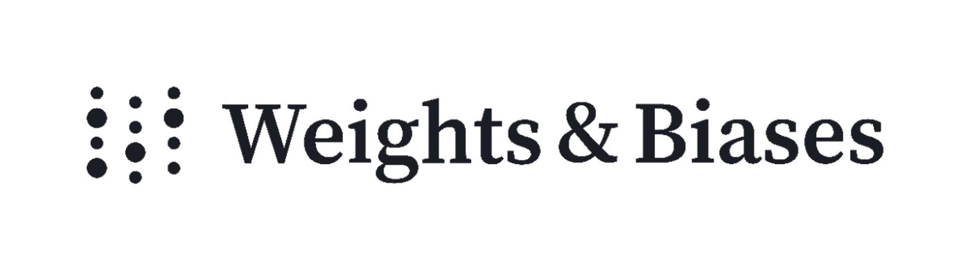(Logo) A logo featuring the text "Weights & Biases" next to a graphic element composed of small dark circles, all set against a solid black background. Text: Weights & Biases Colors: #000000, #2c333a Note: The image clearly serves as a brand identifier, combining a company name with a unique graphic symbol, which are the defining characteristics of a logo.
