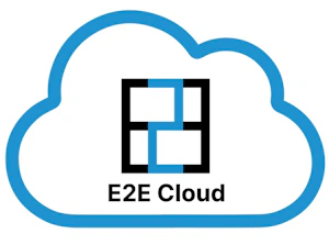 (Logo) A logo featuring a blue outline of a cloud with a stylized black and blue geometric symbol inside, and the text "E2E Cloud" positioned below it. The background is solid white. Text: E2E Cloud Colors: #007bff, #000000, #ffffff Note: The image is a stylized graphic combined with text, clearly designed to represent a brand or service. Its concise nature and symbolic elements are characteristic of a logo.