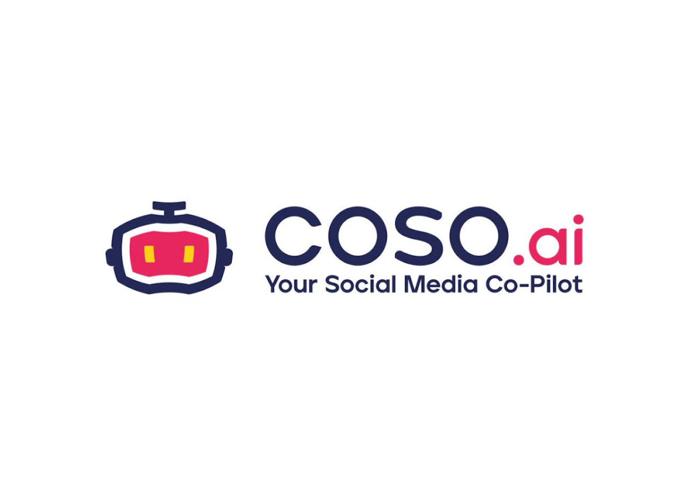 (Logo) The image displays a logo for 'COSO.ai' featuring a stylized robot head icon and the tagline 'Your Social Media Co-Pilot', set against a plain white background. Text: COSO.ai Your Social Media Co-Pilot Colors: #2C2D5A, #E63C7B, #F7E03B, #FFFFFF Note: The image features a distinct graphic element combined with a brand name and a descriptive tagline, designed to represent a company or product, which are the defining characteristics of a logo.