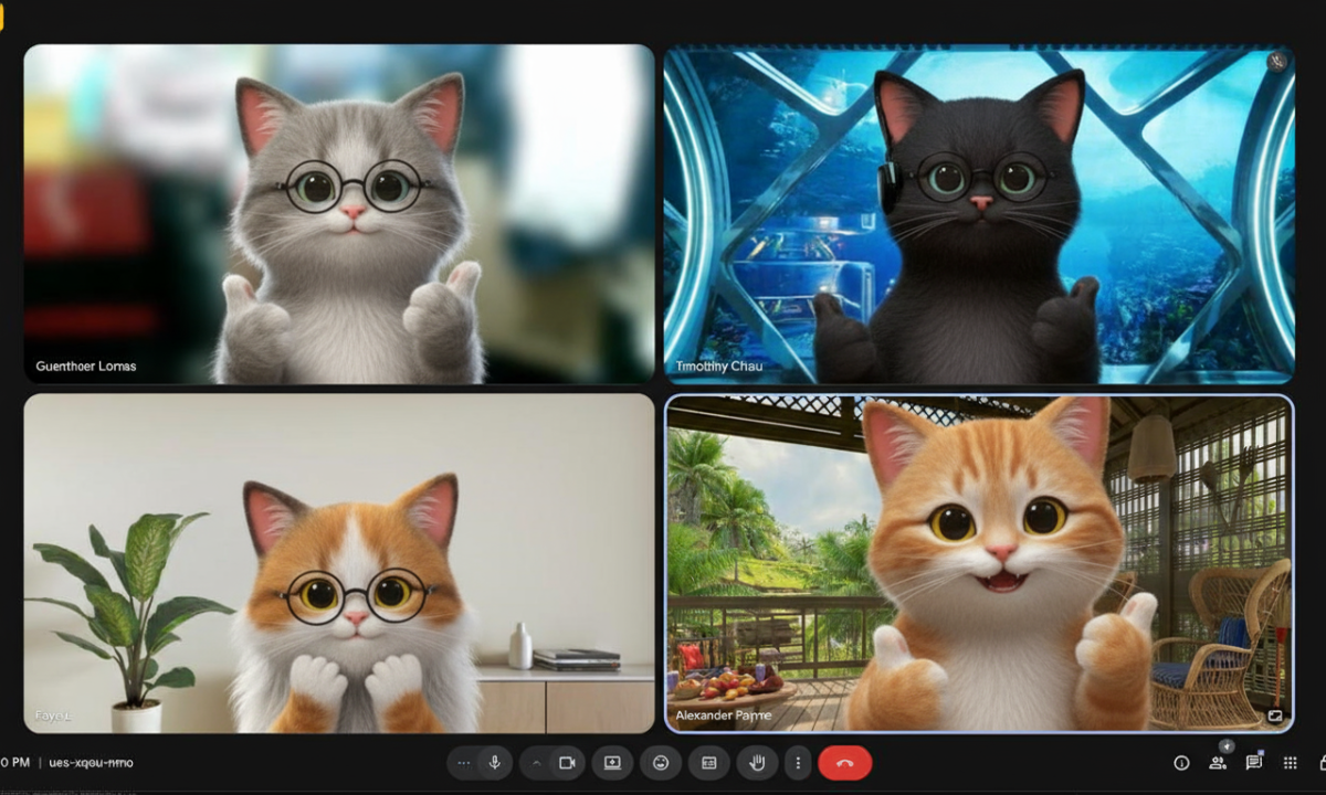 A screenshot of a video conference call interface showing a four-panel grid, where each participant is represented by a highly detailed 3D animated cat avatar, each set against a unique virtual background.. Text: Guenther Lomas Timothy Chau Fayu[l] Alexander Payne 5:00 PM | ues-xqou-nmo