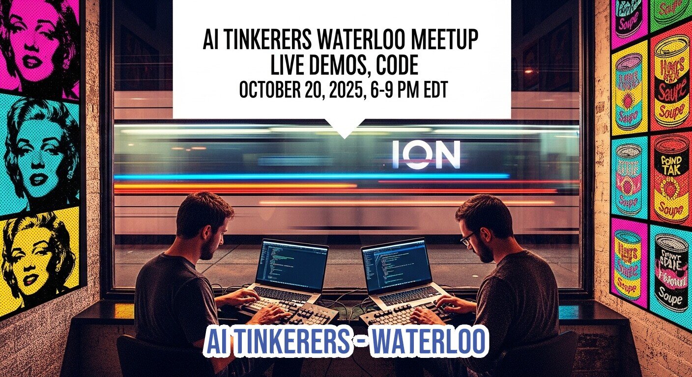 The image is a promotional banner for an AI Tinkers Waterloo Meetup, featuring two men coding on laptops in front of a window with a blurred train passing by. The background walls are adorned with pop art style illustrations of Marilyn Monroe and various soup cans.. Text: AI TINKERERS WATERLOO MEETUP
LIVE DEMOS, CODE
OCTOBER 20, 2025, 6-9 PM EDT
ION
AI TINKERERS-WATERLOO
Hogg's Soupe
Pond Tak Soupe
Hey's Soupe
Giant State Mushroom Soupe
Soupe
Soupe
Soupe
Soupe
Soupe
Soupe
Soupe
Soupe