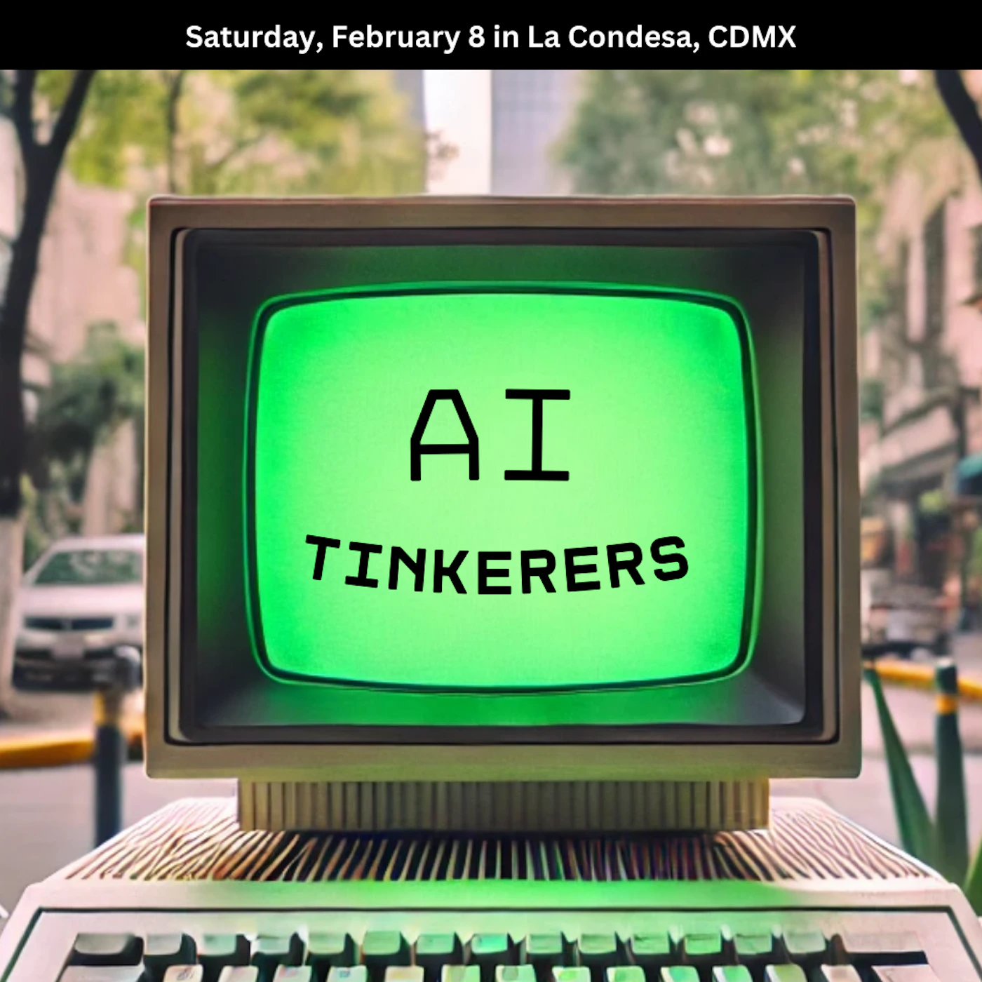 (Banner) A vintage computer displays "AI TINKERERS" on a bright green screen. The computer sits against a blurred urban backdrop. Text: Saturday, February 8 in La Condesa, CDMX AI TINKERERS retro, tech-focused | Colors: #00FF00, #D3D3D3, #A9A9A9 Note: The image functions as a banner announcing an event related to AI Tinkerers. It presents key information like the date and location, using the computer screen as a focal point for the message.