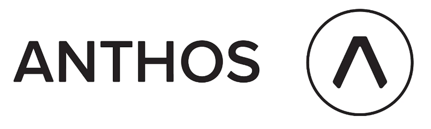 (Logo) A minimalist black and white logo featuring the wordmark 'ANTHOS' in bold, uppercase letters next to a circular icon containing a stylized, upward-pointing chevron symbol. Text: ANTHOS Colors: #000000, #FFFFFF Note: The image is a stylized combination of a wordmark and a graphic symbol designed to represent a specific brand, which is the definition of a logo.