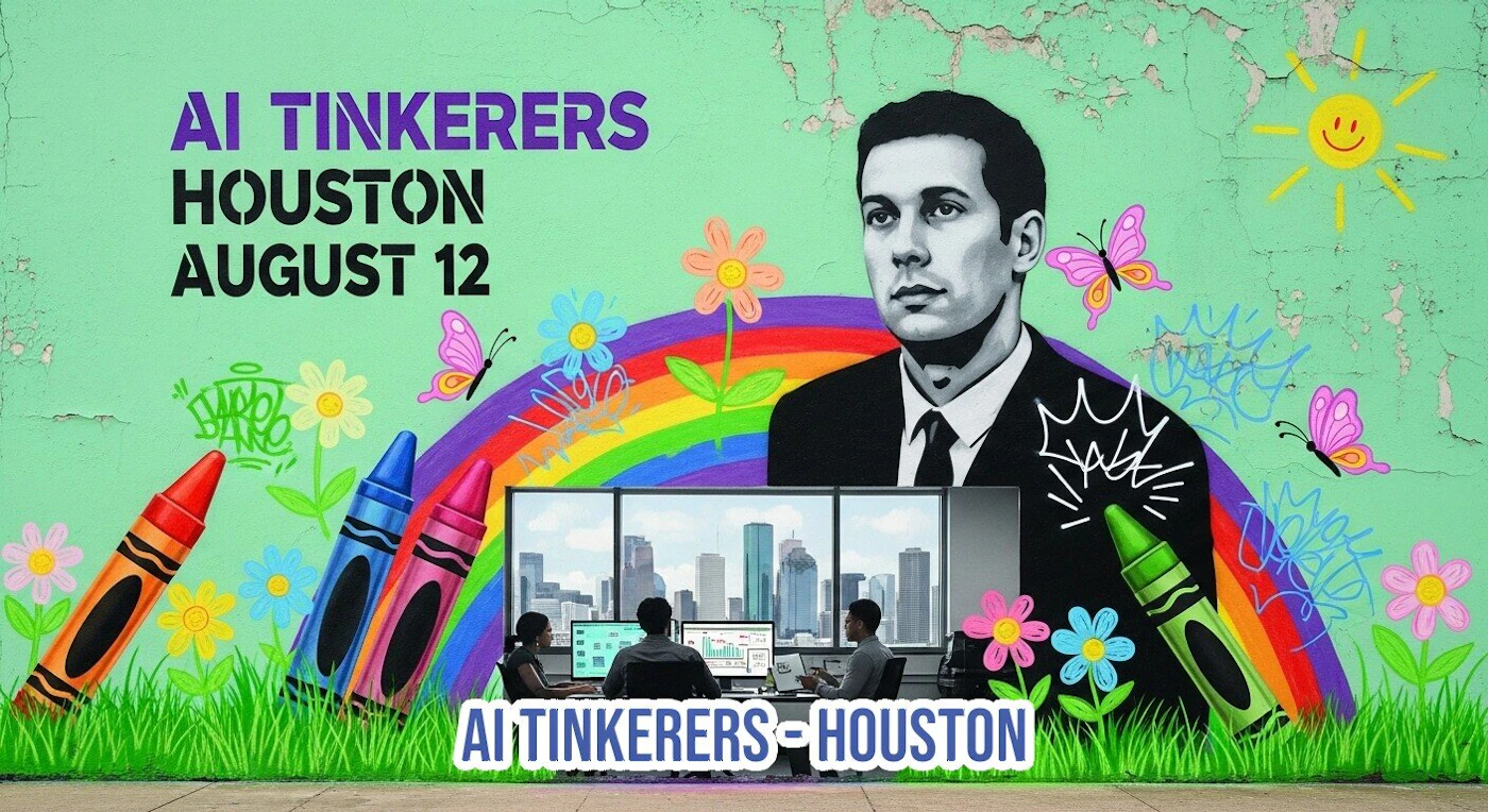 (Banner) A vibrant digital illustration, stylized like a street art mural, advertises the 'AI Tinkers Houston August 12' event, featuring a black-and-white portrait of a man and a scene of three people working in an office with the Houston skyline visible through a window, surrounded by colorful crayons, flowers, and a rainbow. Text: AI TINKERERS HOUSTON AUGUST 12 AI TINKERERS - HOUSTON BUBBLE BARO Whimsical, colorful, mixed media style mimicking street art/graffiti. | Colors: #A5D8A5, #5C248A, #FF0000, #000000 Note: This image is a promotional graphic designed to advertise an event, featuring large headline text, dates, and stylized visual elements, fitting the definition of a banner or poster.