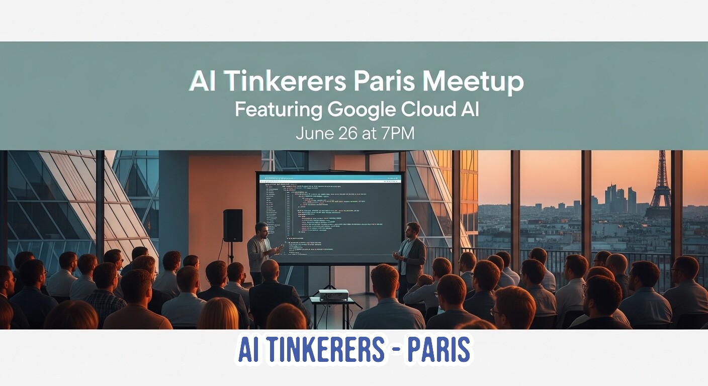 The image is a promotional banner for an 'AI Tinkerers Paris Meetup' featuring Google Cloud AI. It displays event details over a background showing an indoor presentation with attendees and a cityscape view of Paris, including the Eiffel Tower, at sunset.. Text: AI Tinkerers Paris Meetup
Featuring Google Cloud AI
June 26 at 7PM
AI TINKERERS - PARIS
