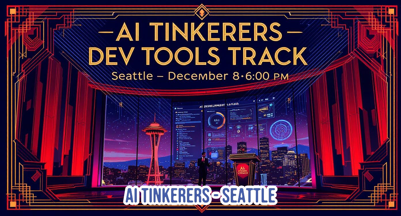 A promotional banner for an 'AI Tinkerers - Dev Tools Track' event, featuring Art Deco styling, neon colors, and a central image of a speaker on a stage backed by a futuristic visualization of the Seattle skyline.. Text: AI TINKERERS - DEV TOOLS TRACK Seattle - December 8 6:00 PM AI TINKERERS - SEATTLE
