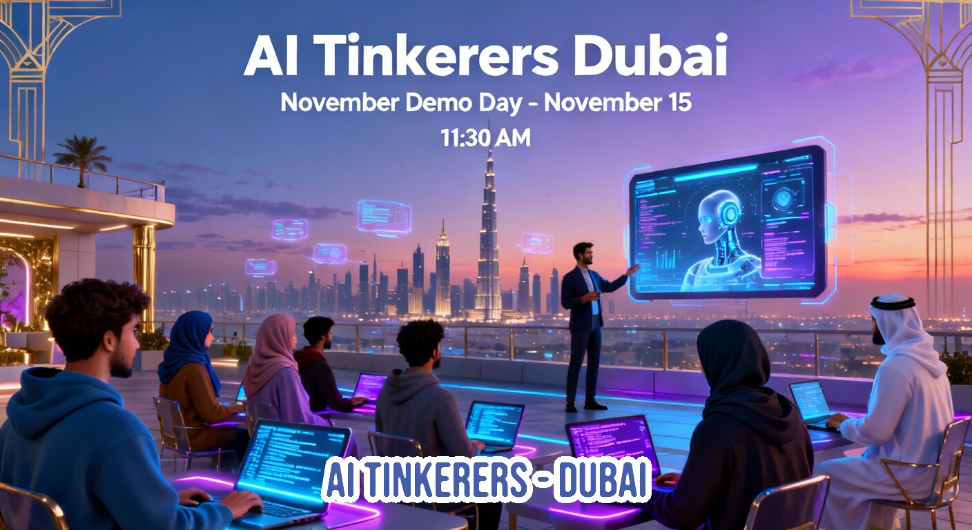 A promotional banner advertising the 'AI Tinkerers Dubai' November Demo Day, depicting a futuristic rooftop event where attendees are working on laptops while an instructor presents AI concepts against a twilight cityscape featuring the Burj Khalifa.. Text: AI Tinkerers Dubai
November Demo Day - November 15
11:30 AM
AI TINKERERS-DUBAI