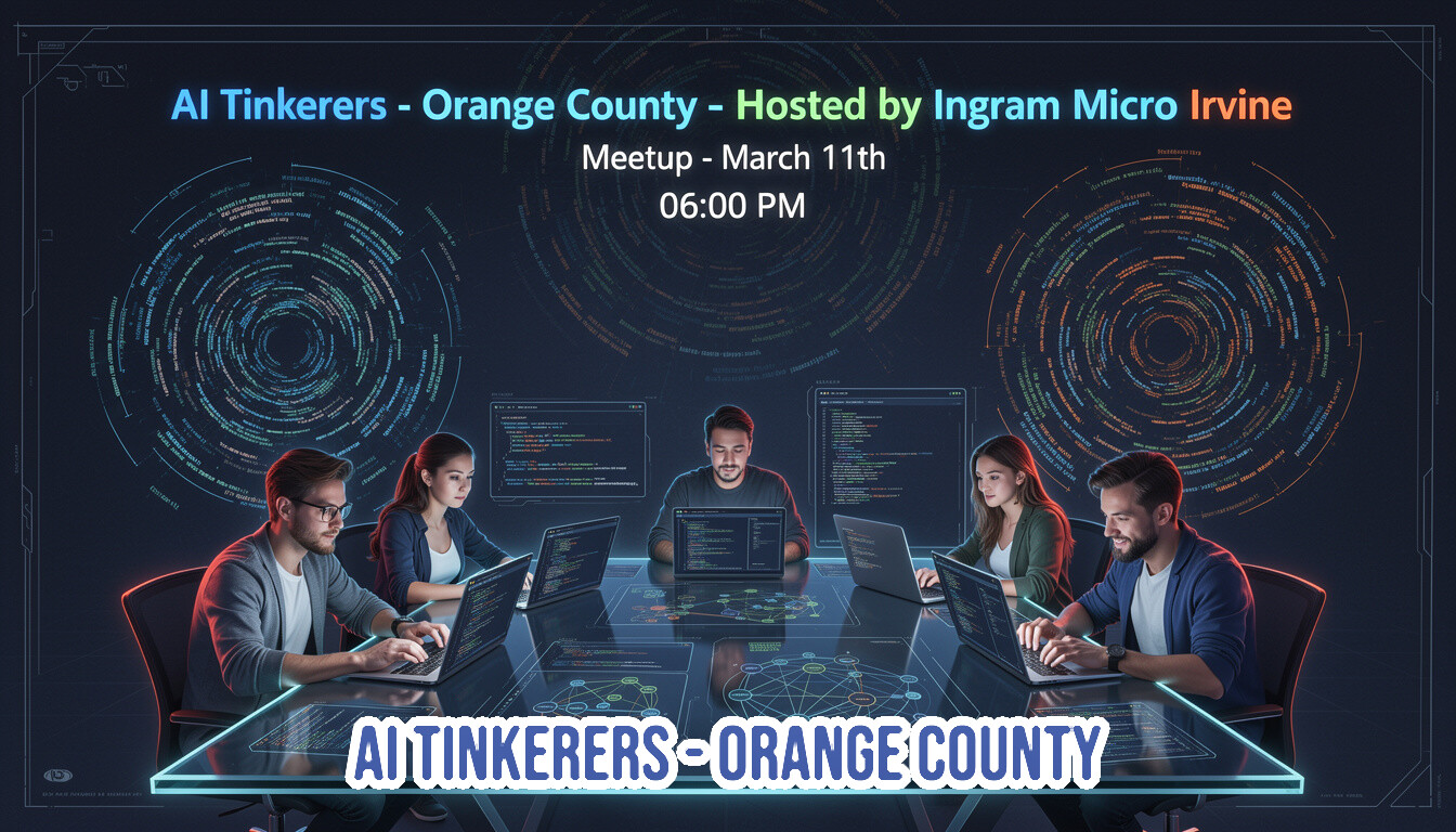 A promotional banner for the "AI Tinkerers - Orange County" meetup, featuring a stylized illustration of five people working on laptops around a glowing, futuristic conference table set against a dark background filled with code and data visualizations.. Text: AI Tinkerers - Orange County - Hosted by Ingram Micro Irvine Meetup - March 11th 06:00 PM AI TINKERERS-ORANGE COUNTY