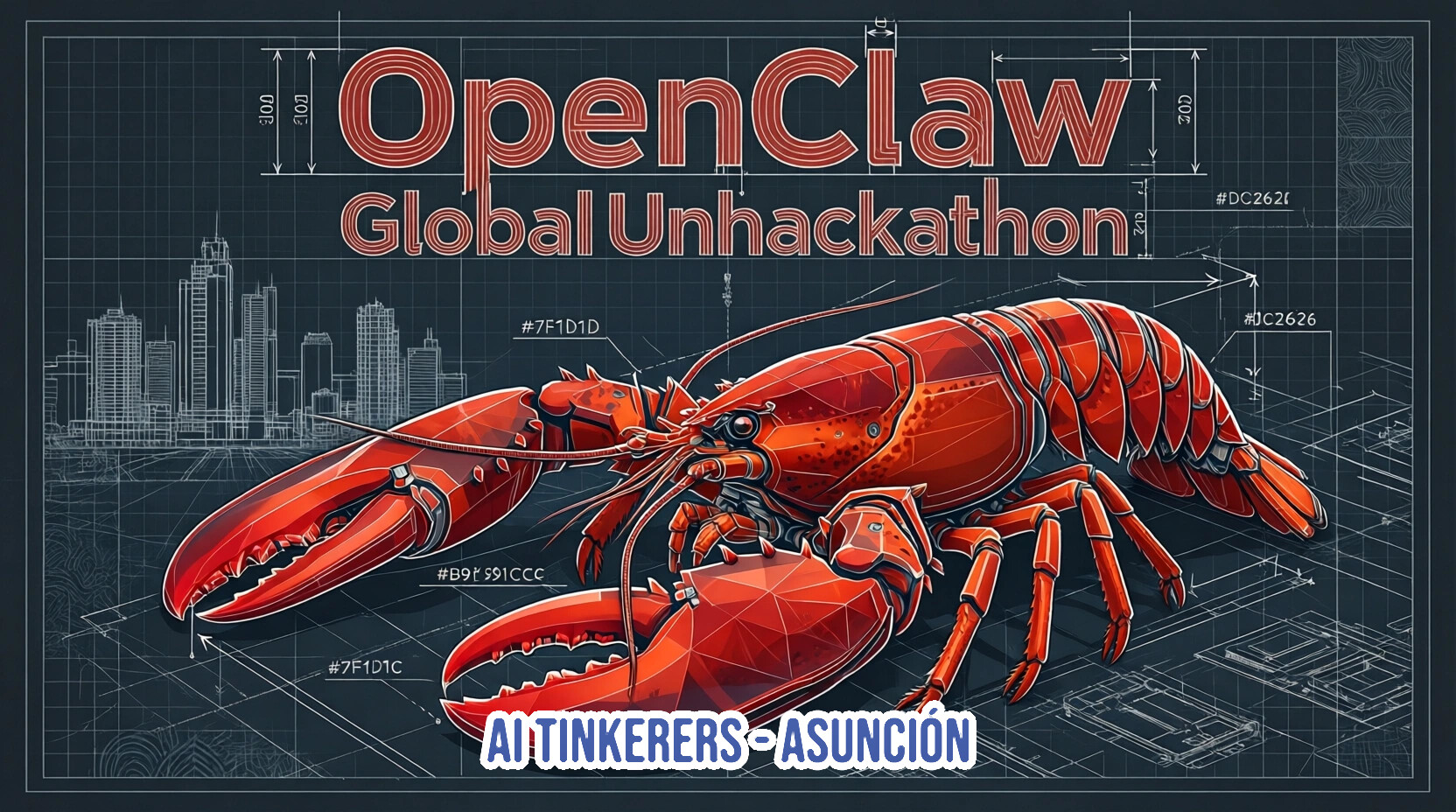 A promotional banner for the 'OpenClaw Global Unhackathon' featuring a detailed red lobster illustration set against a dark blue blueprint background.. Text: OpenClaw Global Unhackathon #7F1D1D #B9F591CCC #7F1D1C #DC2626 #0C2626 300 200 100 200 100 AI TINKERERS - ASUNCIÓN