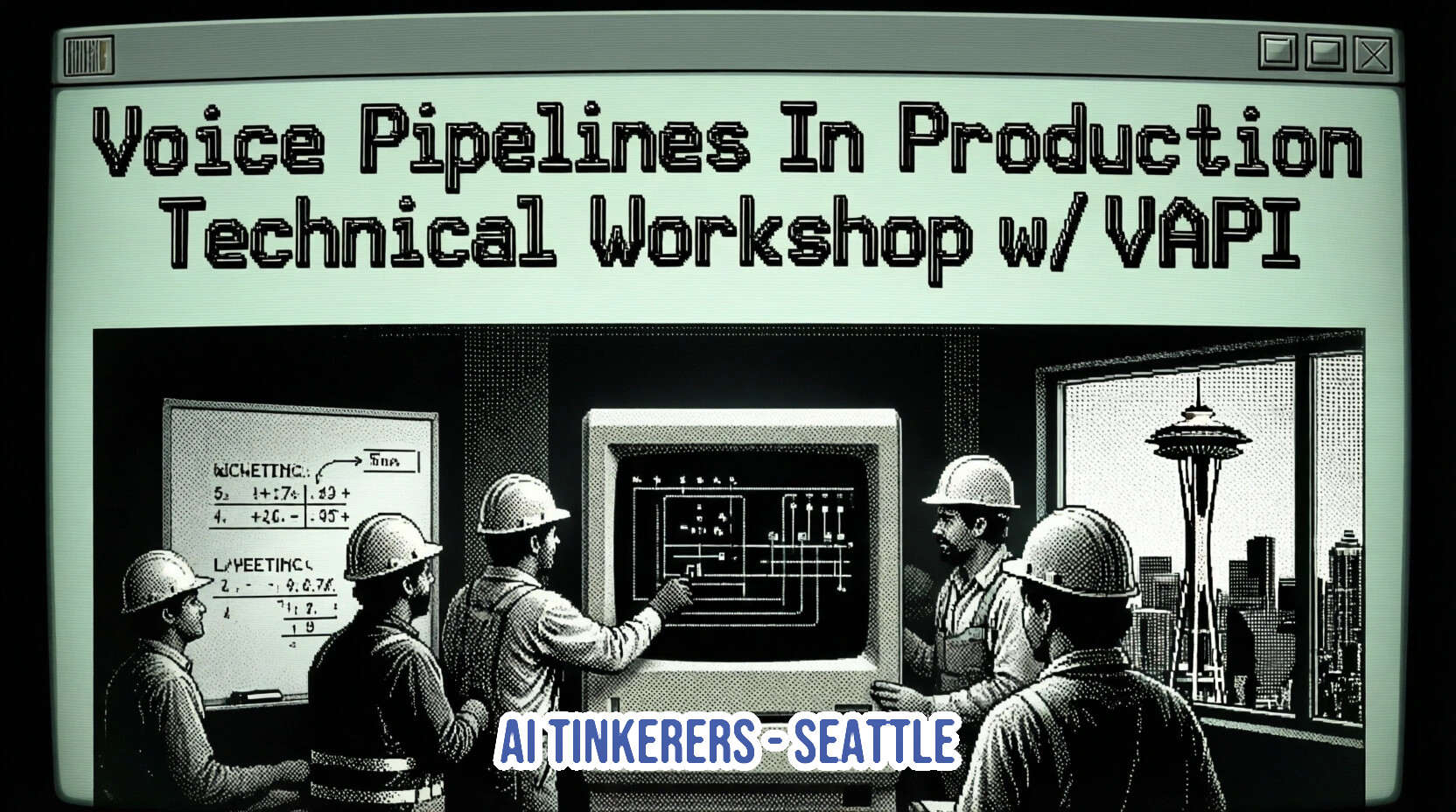 A retro-themed digital banner for a technical workshop titled 'Voice Pipelines In Production' by AI Tinkerers - Seattle, featuring a pixelated illustration of engineers working in a lab.. Text: Voice Pipelines In Production
Technical Workshop w/ VAPI
AI TINKERERS - SEATTLE
