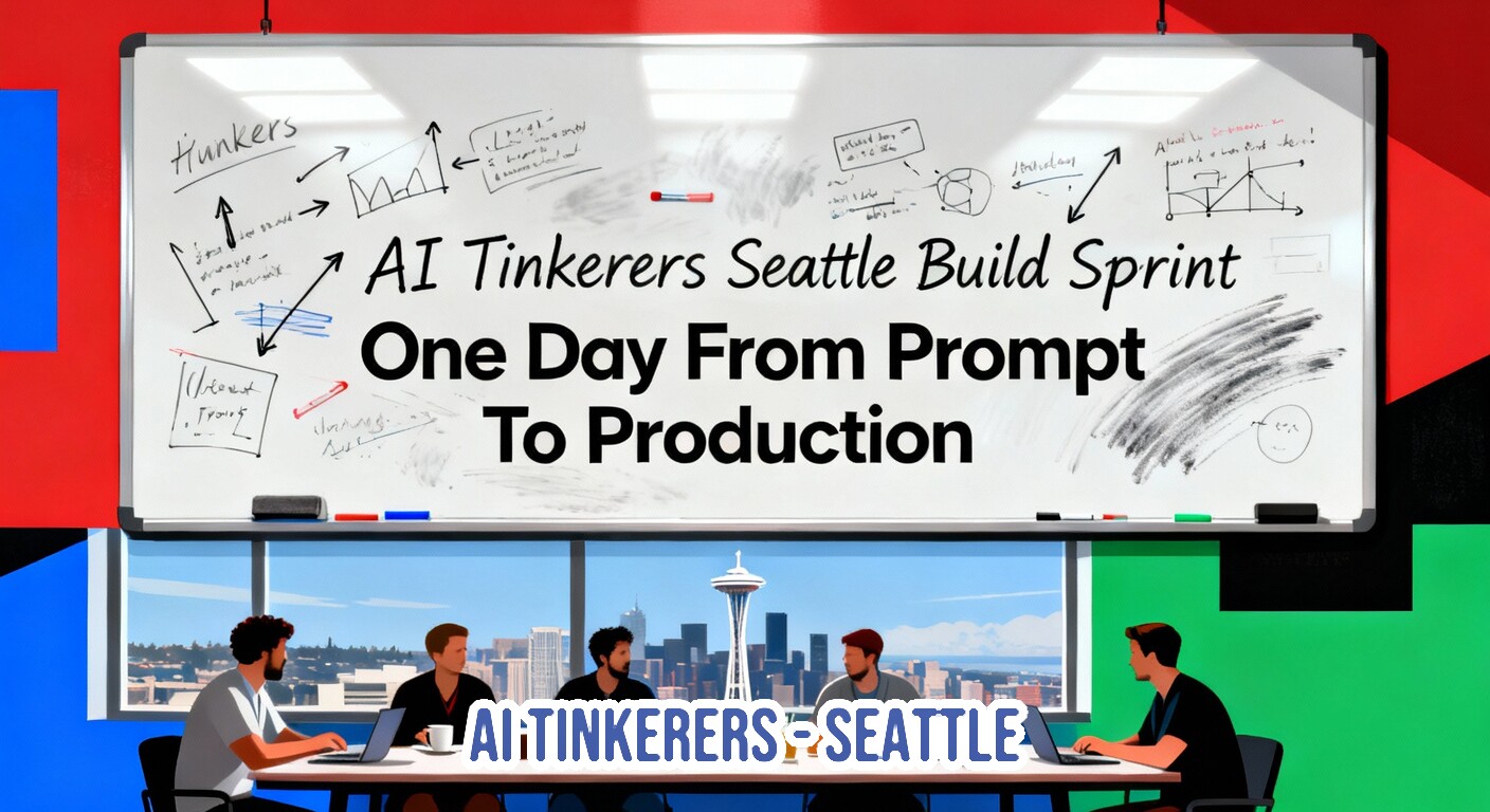 A digital illustration promoting the 'AI Tinkerers Seattle Build Sprint,' featuring bold black text overlaid on a whiteboard covered in handwritten notes and diagrams, set above a meeting room scene overlooking the Seattle skyline.. Text: AI Tinkerers Seattle Build Sprint One Day From Prompt To Production AI:TINKERERS=SEATTLE Hunkers