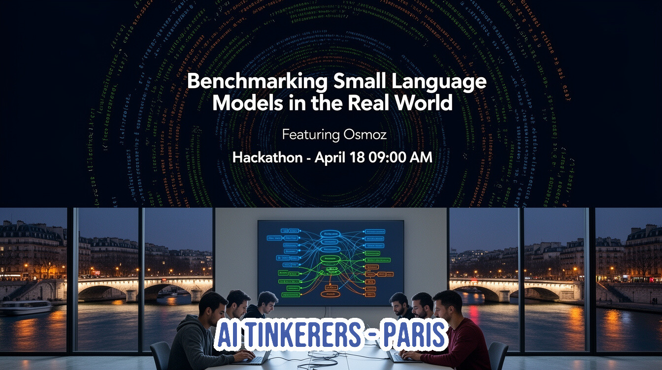 A promotional banner for a tech event titled 'Benchmarking Small Language Models in the Real World,' featuring a scene of people working on laptops with a view of Paris at night.. Text: Benchmarking Small Language Models in the Real World
Featuring Osmoz
Hackathon - April 18 09:00 AM
AI TINKERERS - PARIS