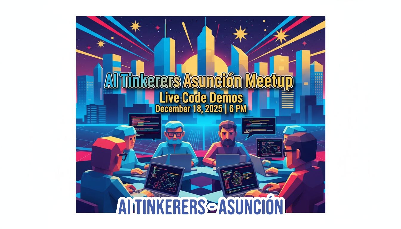 A promotional banner for a tech meetup featuring a highly stylized, retro-futuristic illustration of a group of developers working on laptops against a neon cityscape background.. Text: AI Tinkerers Asunción Meetup Live Code Demos December 18, 2025 | 6 PM AI TINKERERS ASUNCIÓN