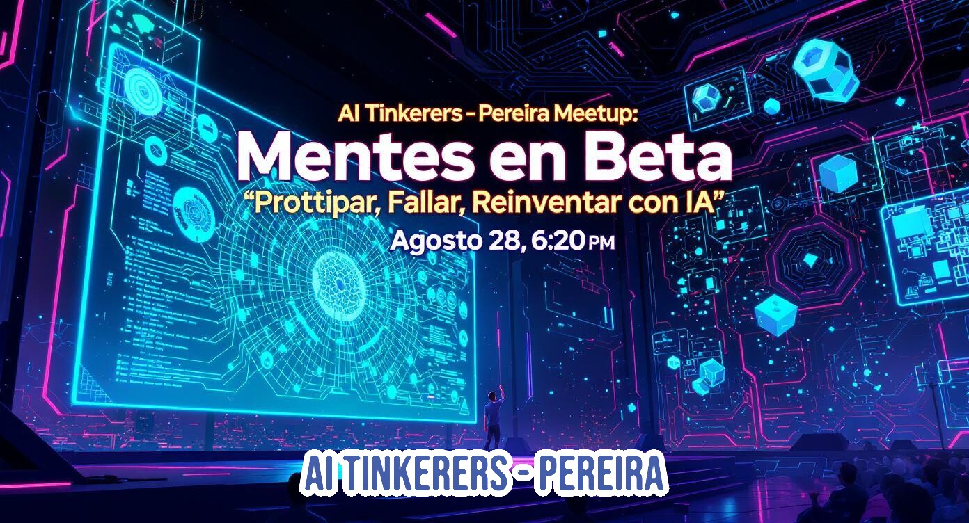 A vibrant digital banner advertising an AI meetup event, featuring a futuristic backdrop of glowing circuit boards and data displays, with event details prominently presented.. Text: AI Tinkerers - Pereira Meetup:
Mentes en Beta
"Prottipar, Fallar, Reinventar con IA"
Agosto 28, 6:20 PM
AI TINKERERS - PEREIRA