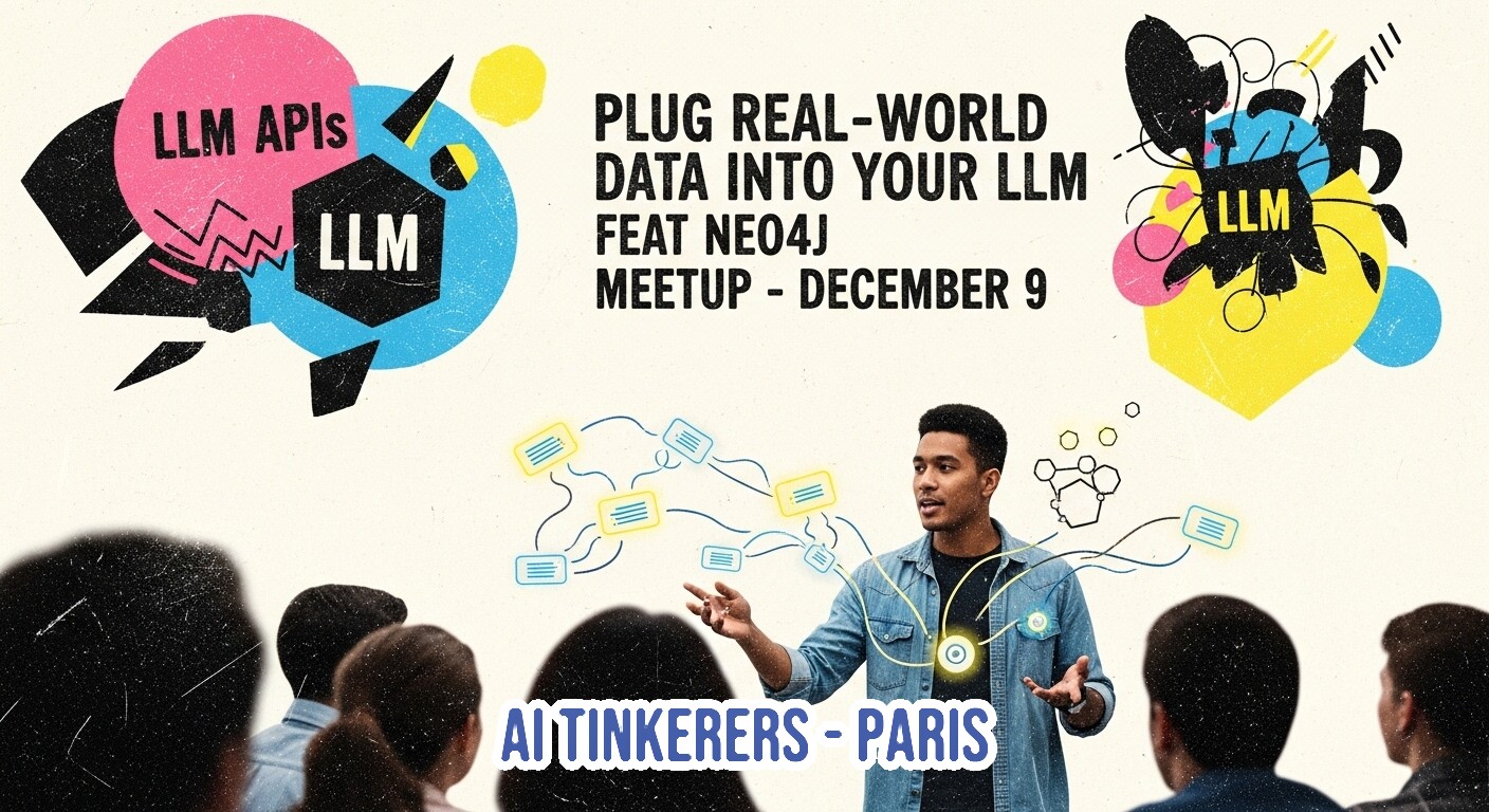 A promotional graphic advertising an AI technology meetup focused on integrating real-world data into LLMs, featuring Neo4j, scheduled for December 9th in Paris. The design uses bold, abstract geometric shapes in bright colors alongside a photograph of a speaker addressing an audience.. Text: LLM APIs LLM PLUG REAL-WORLD DATA INTO YOUR LLM FEAT NEO4J MEETUP - DECEMBER 9 AI TINKERERS - PARIS
