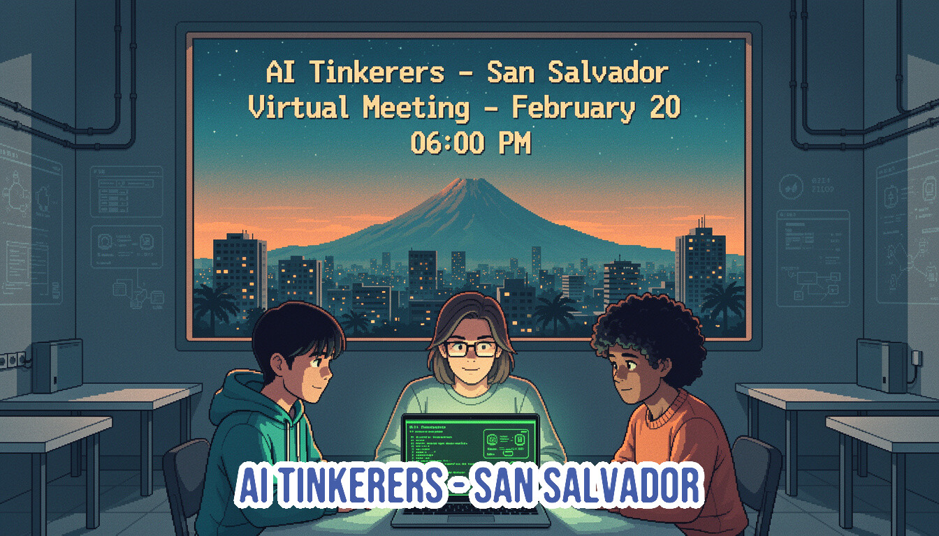 A pixel-art style illustration advertising a virtual meeting for "AI Tinkerers - San Salvador," featuring three people gathered around a glowing laptop in a dimly lit room with a large window overlooking a cityscape and a prominent mountain at dusk.. Text: AI Tinkerers - San Salvador Virtual Meeting - February 20 06:00 PM AI TINKERERS - SAN SALVADOR