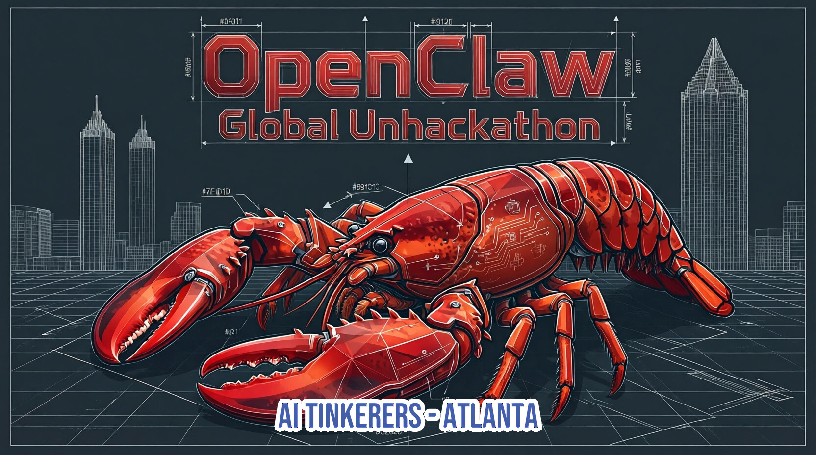 A digital illustration for the 'OpenClaw Global Unhackathon' featuring a red lobster with circuitry patterns over a dark blueprint of the Atlanta skyline.. Text: OpenClaw Global Unhackathon AI TINKERERS - ATLANTA #04011 #0120 #7E1D1D #B91010 #21