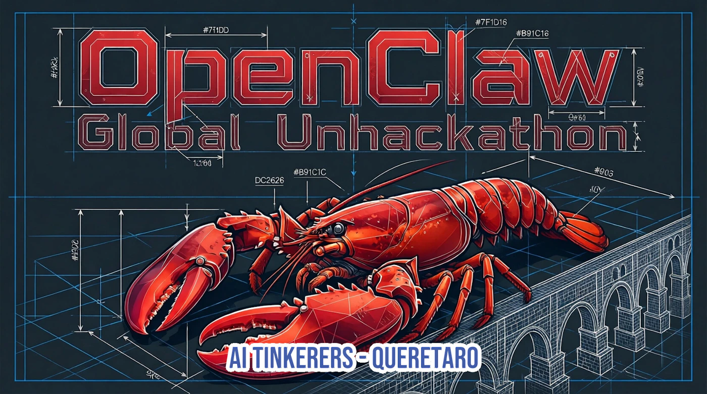 (Banner) A promotional event banner for 'OpenClaw Global Unhackathon' featuring a mechanical red lobster on a blue technical blueprint background. Text: OpenClaw Global Unhackathon AI TINKERERS - QUERETARO #7F1D1D #B91C1C DC2626 #903 #7F1D16 #B91C16 Technical, digital illustration, blueprint theme. | Colors: #1b2735, #b91c1c, #ffffff Note: The image is a composite graphic designed for event promotion, featuring a clear title, subtitle, and a thematic central illustration.