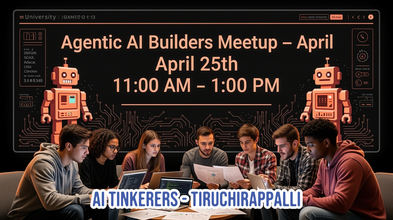 A promotional banner for an 'Agentic AI Builders Meetup' featuring a group of young people collaborating with laptops in front of a tech-themed background.. Text: = University | [unreadable] Agentic AI Builders Meetup - April April 25th 11:00 AM - 1:00 PM AI TINKERERS - TIRUCHIRAPPALLI