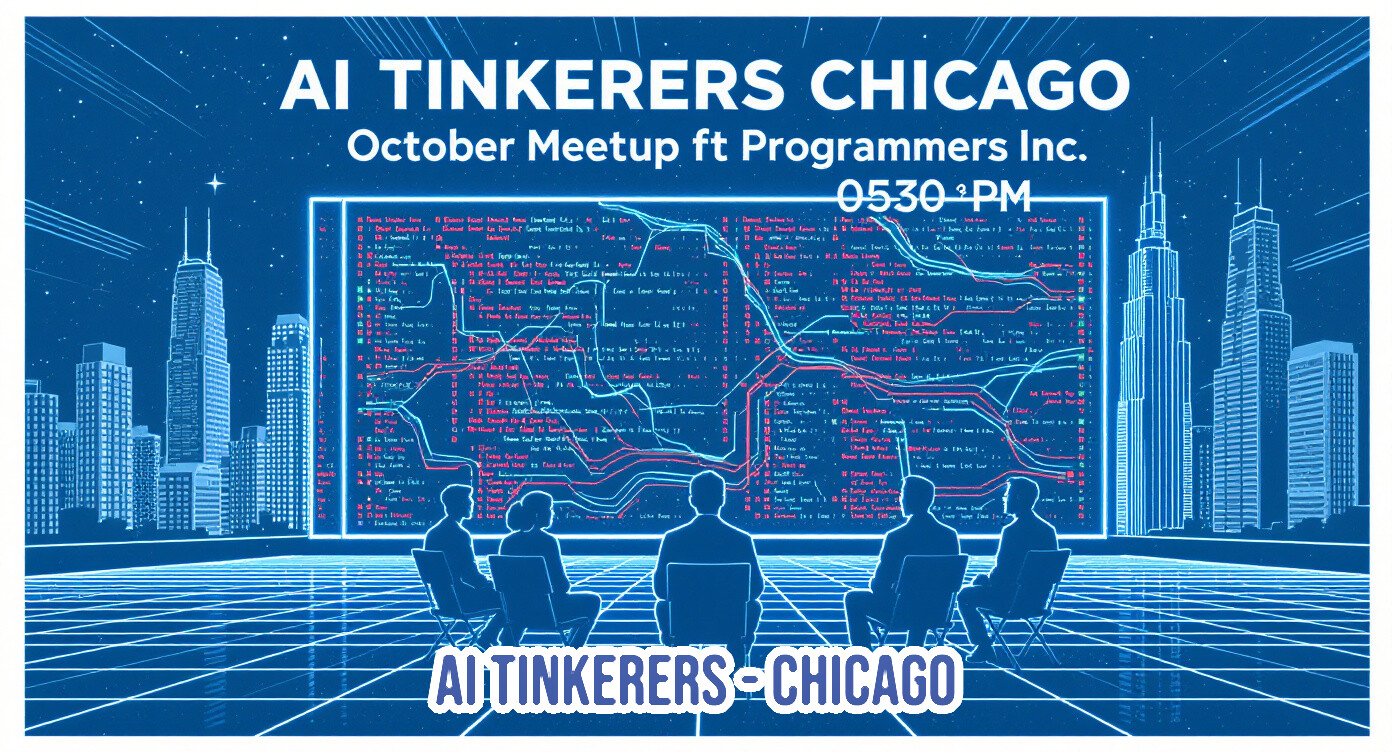 A retro-futuristic digital banner promoting the 'AI Tinkers Chicago October Meetup,' featuring a stylized blue illustration of the Chicago skyline and a group of silhouetted figures looking at a large screen displaying glowing data.. Text: AI TINKERERS CHICAGO October Meetup ft Programmers Inc. 0530 PM AI TINKERERS-CHICAGO [unreadable dense text on screen]