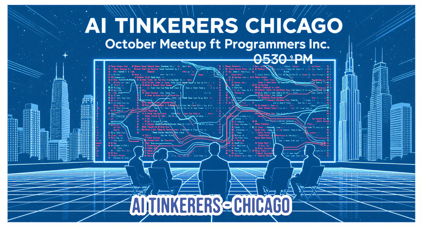 (Banner) A retro-futuristic digital banner promoting the 'AI Tinkers Chicago October Meetup,' featuring a stylized blue illustration of the Chicago skyline and a group of silhouetted figures looking at a large screen displaying glowing data. Text: AI TINKERERS CHICAGO October Meetup ft Programmers Inc. 0530 PM AI TINKERERS-CHICAGO [unreadable dense text on screen] Retro-futuristic, neon, or cyberpunk aesthetic. | Colors: #0B1B40, #FFFFFF, #33FFFF, #FF3366 Note: The image is a piece of digital graphic design intended to advertise a specific event (a meetup), featuring prominent text and a highly stylized, illustrative background, fitting the definition of a digital banner or poster.