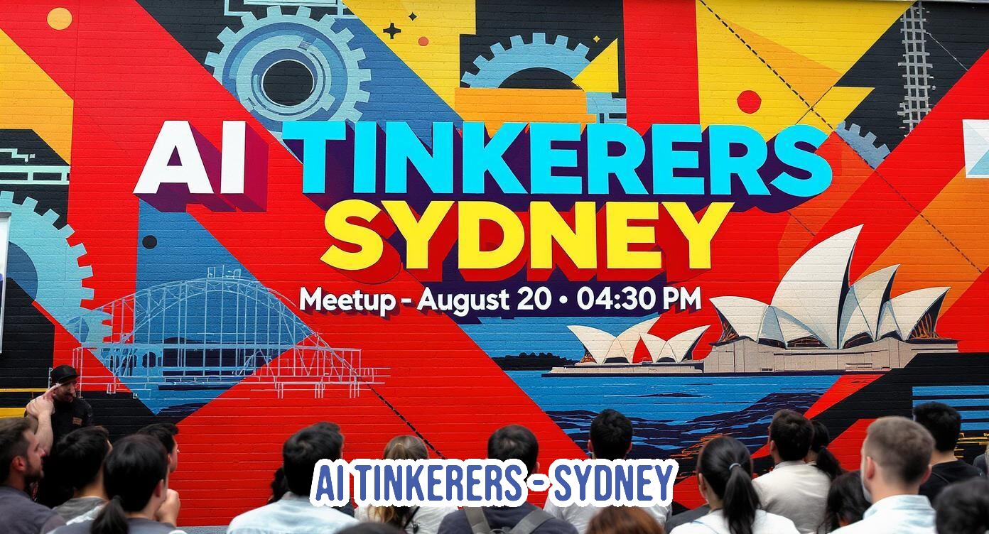 A vibrant and colorful mural or large banner is displayed, advertising an 'AI TINKERERS SYDNEY Meetup' with the date and time. The design incorporates geometric shapes, gears, and stylized illustrations of Sydney landmarks, while a crowd of people is visible in the foreground, looking up at the display.. Text: AI TINKERERS SYDNEY Meetup - August 20 • 04:30 PM AI TINKERERS-SYDNEY