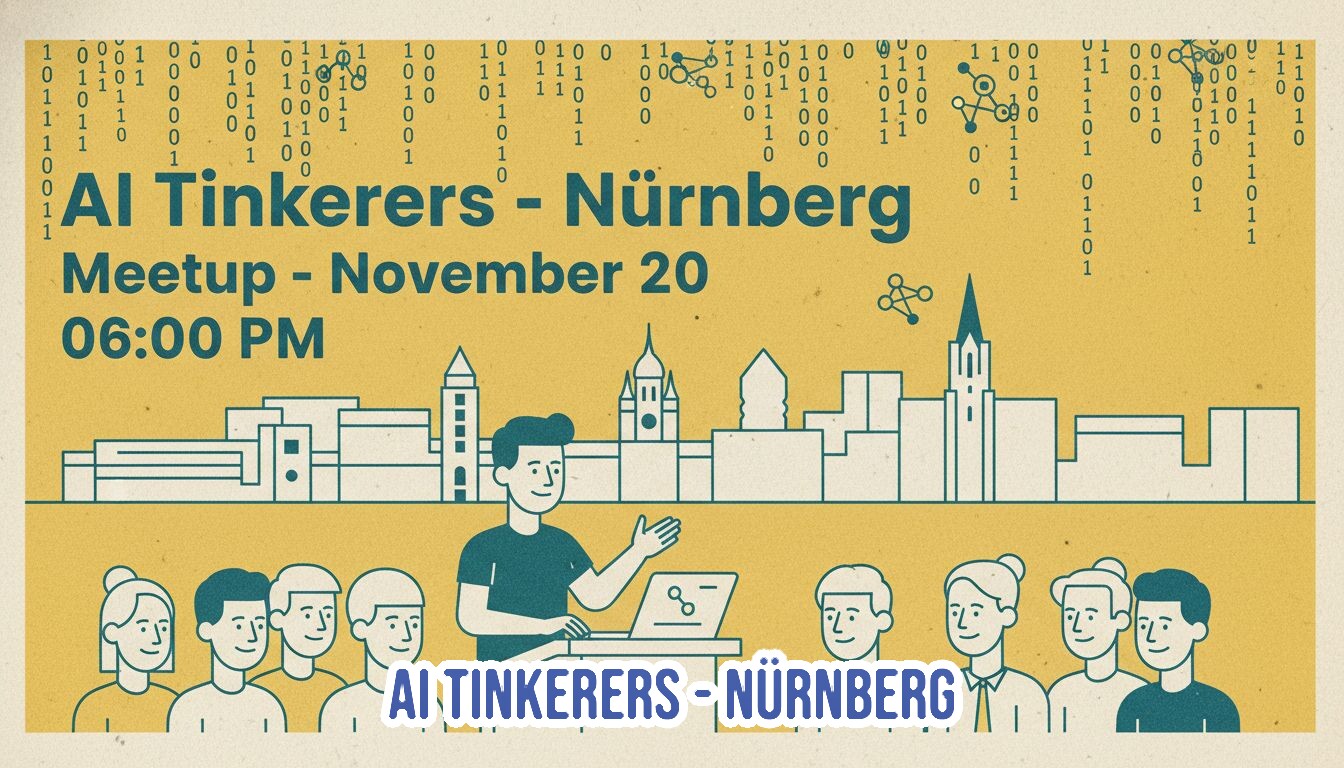 A promotional graphic for an event titled "AI Tinkerers - Nürnberg Meetup" scheduled for November 20 at 6:00 PM. The design features a stylized illustration of a cityscape, a group of people, and binary code elements on a textured mustard yellow background.. Text: AI Tinkerers - Nürnberg
Meetup - November 20
06:00 PM
AI TINKERERS - NÜRNBERG