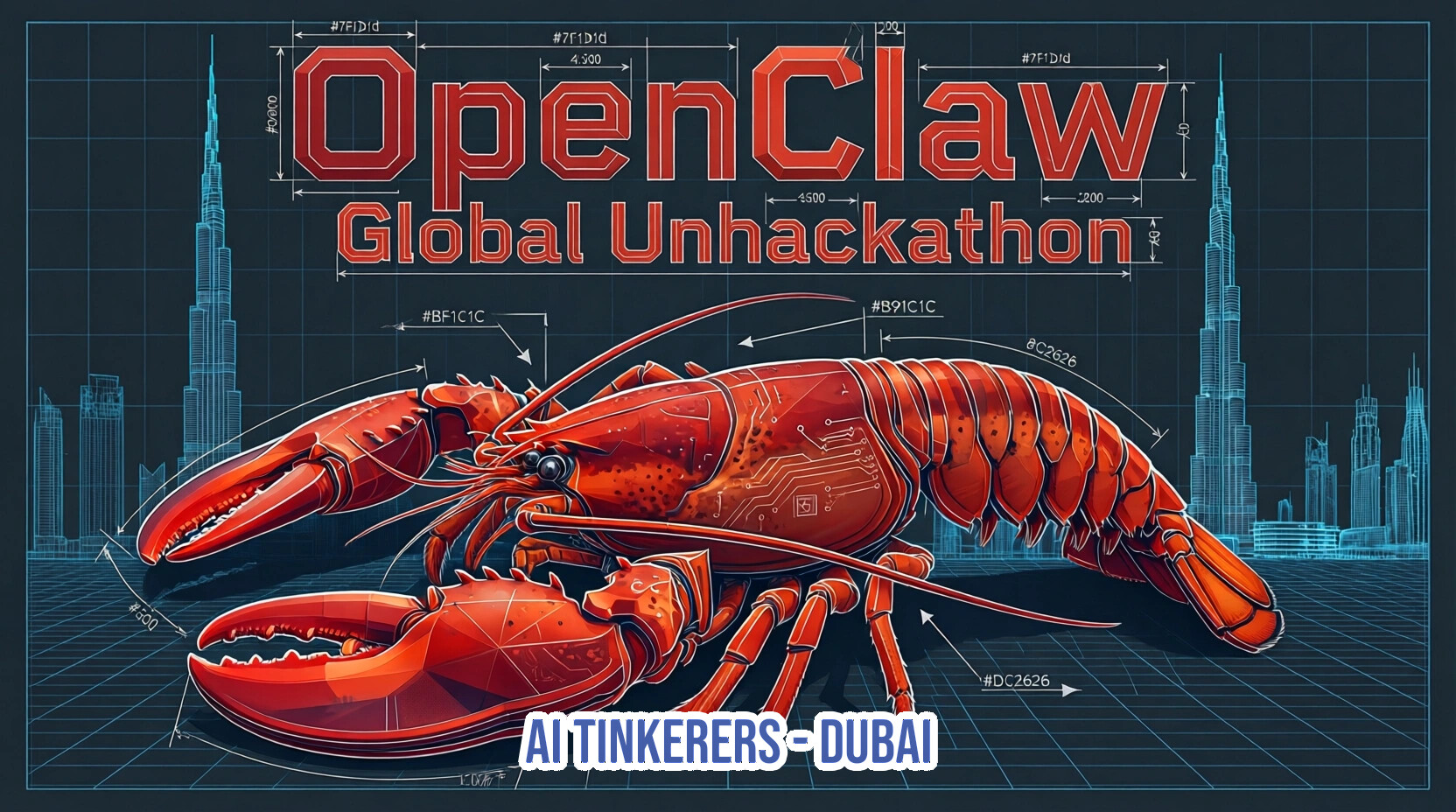 A promotional banner for the 'OpenClaw Global Unhackathon' event in Dubai, featuring a large red mechanical lobster against a technical blueprint-style background with a city skyline.. Text: OpenClaw Global Unhackathon #7F1D1d 4 500 1500 3200 #BF1C1C #B91C1C #8C2626 #DC2626 AI TINKERERS - DUBAI Ø 500 V.005