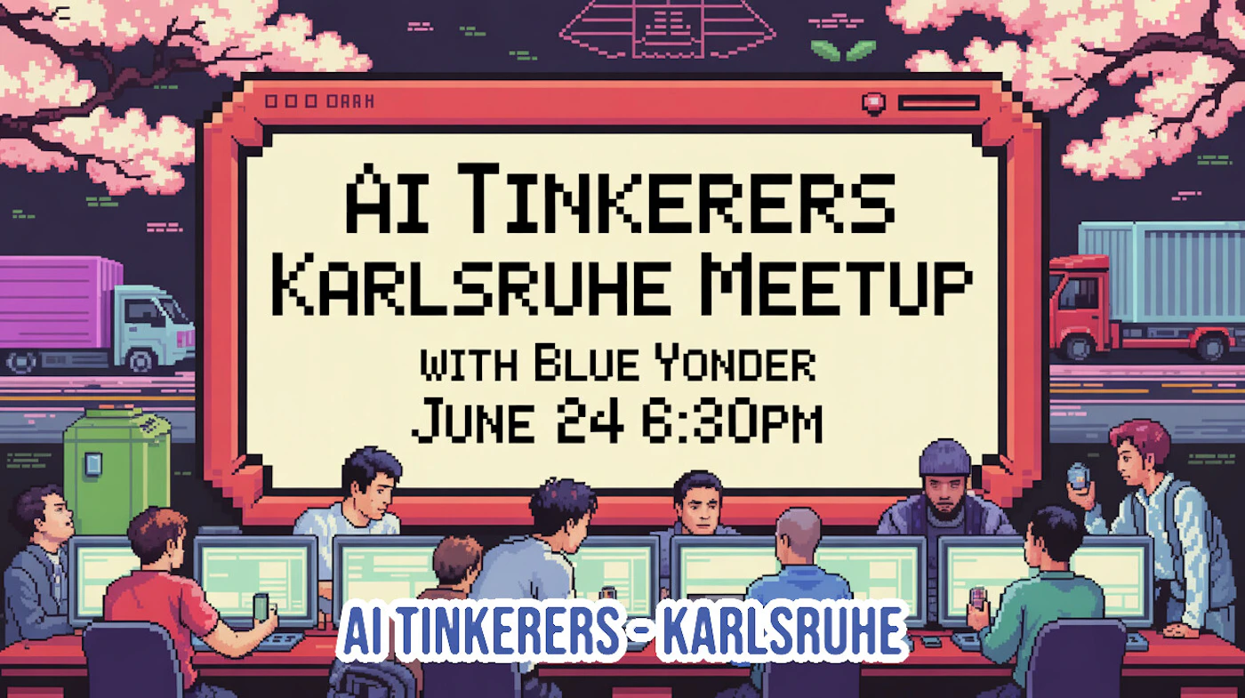 (Banner) A pixel-art style event banner advertising the 'AI Tinkerers Karlsruhe Meetup' with Blue Yonder on June 24th at 6:30 PM, featuring a group of people working at computer monitors under cherry blossom trees. Text: AI TINKERERS KARLSRUHE MEETUP WITH BLUE YONDER JUNE 24 6:30PM AI TINKERERS - KARLSRUHE Retro 8-bit pixel art with a cyberpunk and tech-community aesthetic. | Colors: #E5989B, #2A2438, #F7D6C8, #E05A47 Note: The image is a promotional banner designed for an event, displaying structured details like the title, location, date, and time over a themed background.
