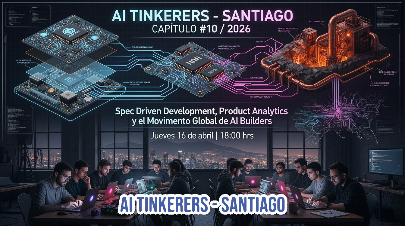 A promotional banner for an 'AI Tinkerers' event in Santiago, featuring futuristic technical illustrations above a group of people working on laptops in a dark room with a city view.. Text: AI TINKERERS - SANTIAGO
CAPÍTULO #10 / 2026
Spec Driven Development, Product Analytics y el Movimento Global de AI Builders
Jueves 16 de abril | 18:00 hrs
AI TINKERERS - SANTIAGO