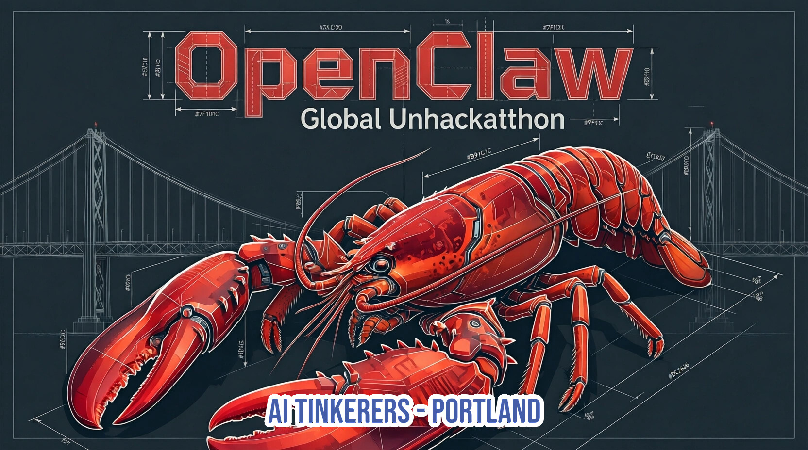A promotional banner for the 'OpenClaw Global Unhackathon' featuring a detailed red robotic lobster against a blueprint-style background with a bridge silhouette.. Text: OpenClaw Global Unhackathon AI TINKERERS - PORTLAND #7F1B1C #B91C1C #DC2626 1024.00 768.00