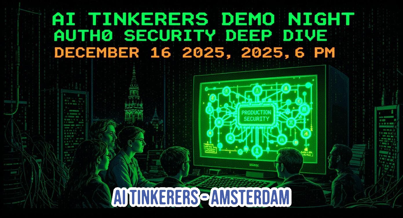 A promotional banner for an event called 'AI TINKERERS DEMO NIGHT' and 'AUTHØ SECURITY DEEP DIVE,' set against a dark, cyberpunk-style illustration.. Text: AI TINKERERS DEMO NIGHT AUTHØ SECURITY DEEP DIVE DECEMBER 16 2025, 2025, 6 PM PRODUCTION SECURITY AI TINKERERS - AMSTERDAM