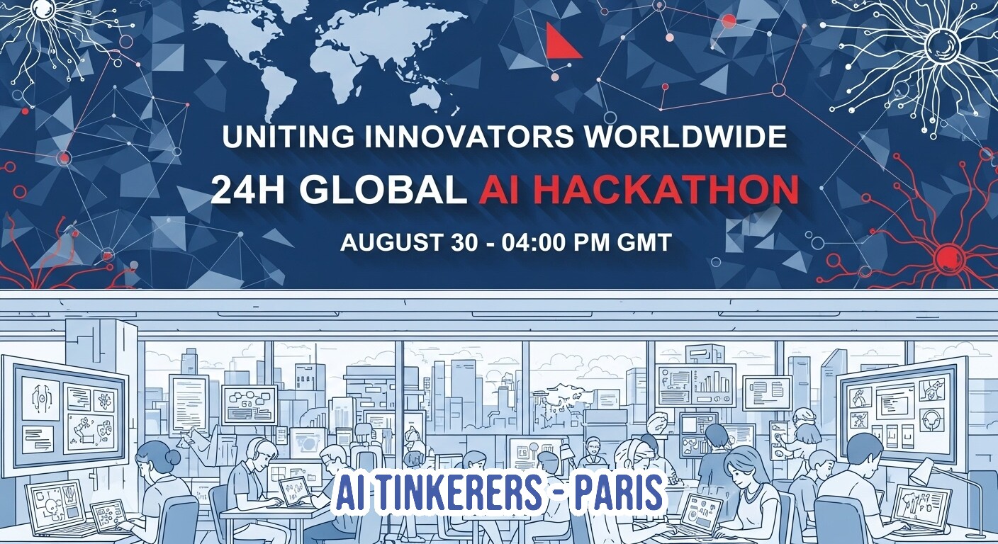 The image is a promotional banner for a '24H GLOBAL AI HACKATHON' showing event details and an illustration of people working in an office setting. The top part features a dark blue background with a world map and abstract network patterns, while the bottom part depicts a light blue line-art illustration of an office with individuals using computers.. Text: UNITING INNOVATORS WORLDWIDE
24H GLOBAL AI HACKATHON
AUGUST 30 - 04:00 PM GMT
AI TINKERERS - PARIS