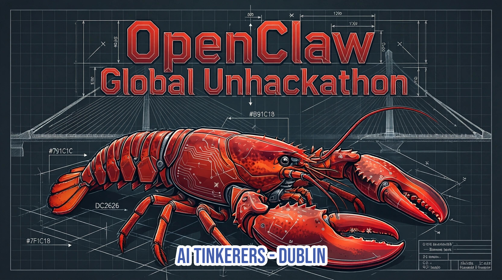 A promotional banner for the 'OpenClaw Global Unhackathon', featuring a mechanical red lobster against a blueprint-style background of a bridge.. Text: OpenClaw Global Unhackathon AI TINKERERS - DUBLIN #B91C18 #791C1C DC2626 #7F1C18 505 1200 1300 40.20 40.30