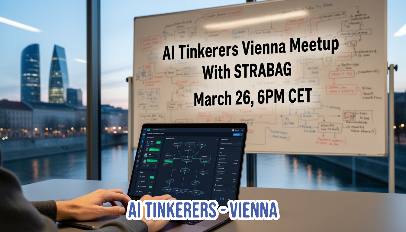 A promotional banner for an AI Tinkerers Vienna Meetup featuring a laptop displaying a technical diagram and a whiteboard with handwritten notes against a city skyline.. Text: AI Tinkerers Vienna Meetup With STRABAG March 26, 6PM CET
AI TINKERERS - VIENNA
[unreadable handwritten text on whiteboard]