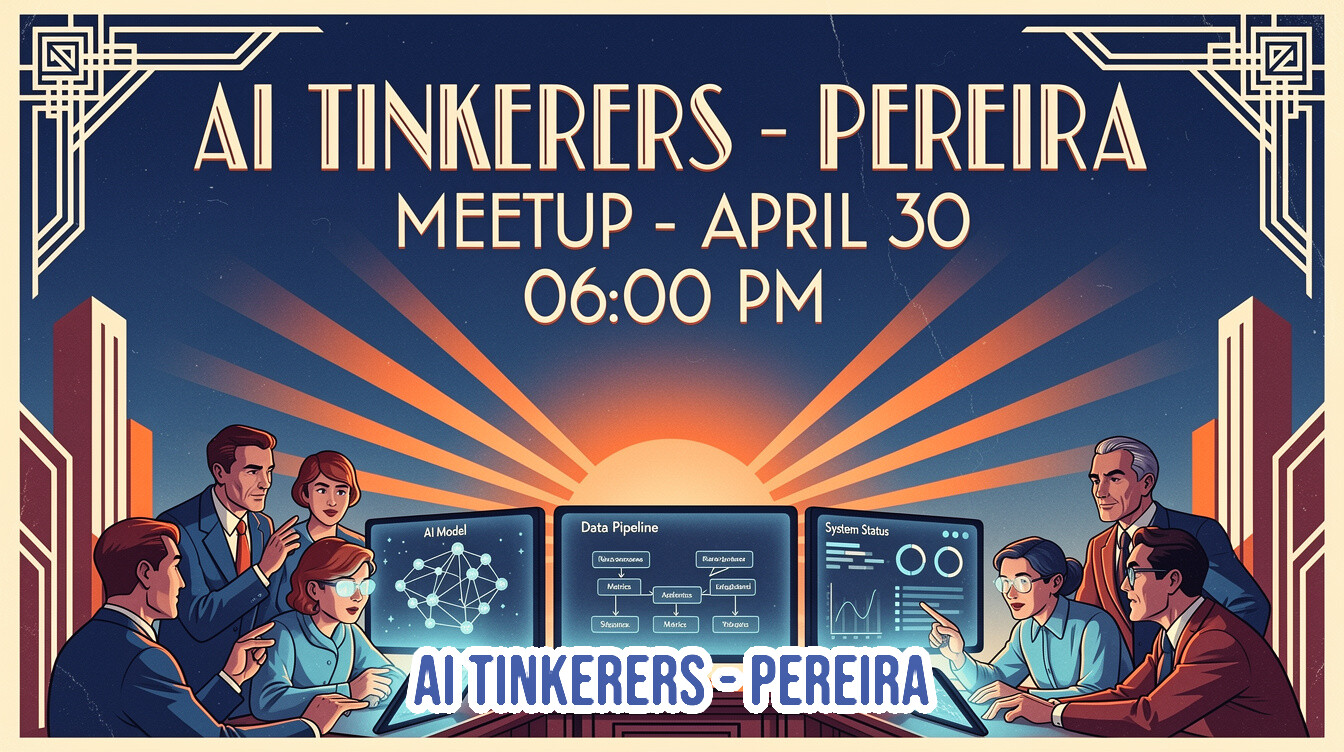 An Art Deco-style digital illustration promoting an 'AI Tinkerers - Pereira' meetup, featuring a group of tech professionals gathered around data screens against a stylized sunrise background.. Text: AI TINKERERS - PEREIRA
MEETUP - APRIL 30
06:00 PM
AI Model
Data Pipeline
System Status
AI TINKERERS - PEREIRA
Neurons
Metrics
Audience
Sequence
Metrics
Triggers