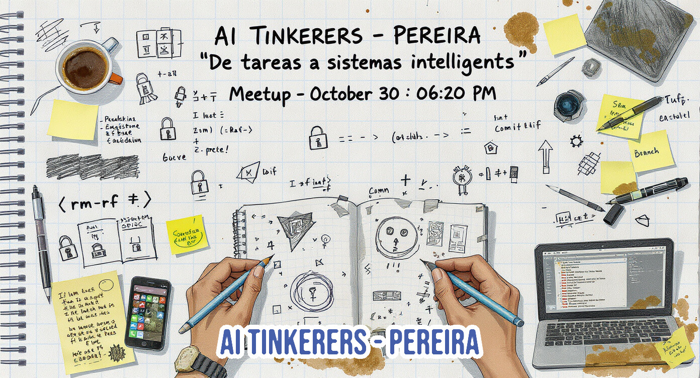 A stylized illustration of a messy desk or notebook page, featuring technical doodles, a laptop, and coffee stains, used to advertise the "AI TINKERERS - PEREIRA" meetup scheduled for October 30th.. Text: AI TINKERERS - PEREIRA "De tareas a sistemas intelligents" Meetup - October 30 : 06:20 PM AI TINKERERS - PEREIRA. Also visible are various technical doodles and partially legible notes like: <rm-rf ≠>, - Prediktins - Engistone a [unreadable] fasidaium, I Inst := Z(m) (:Rar-) + Z. prete!, tint Comititlif, Branch, Tufp. EAcholel, Comm, (o1 cluts. ->), and other scattered text.