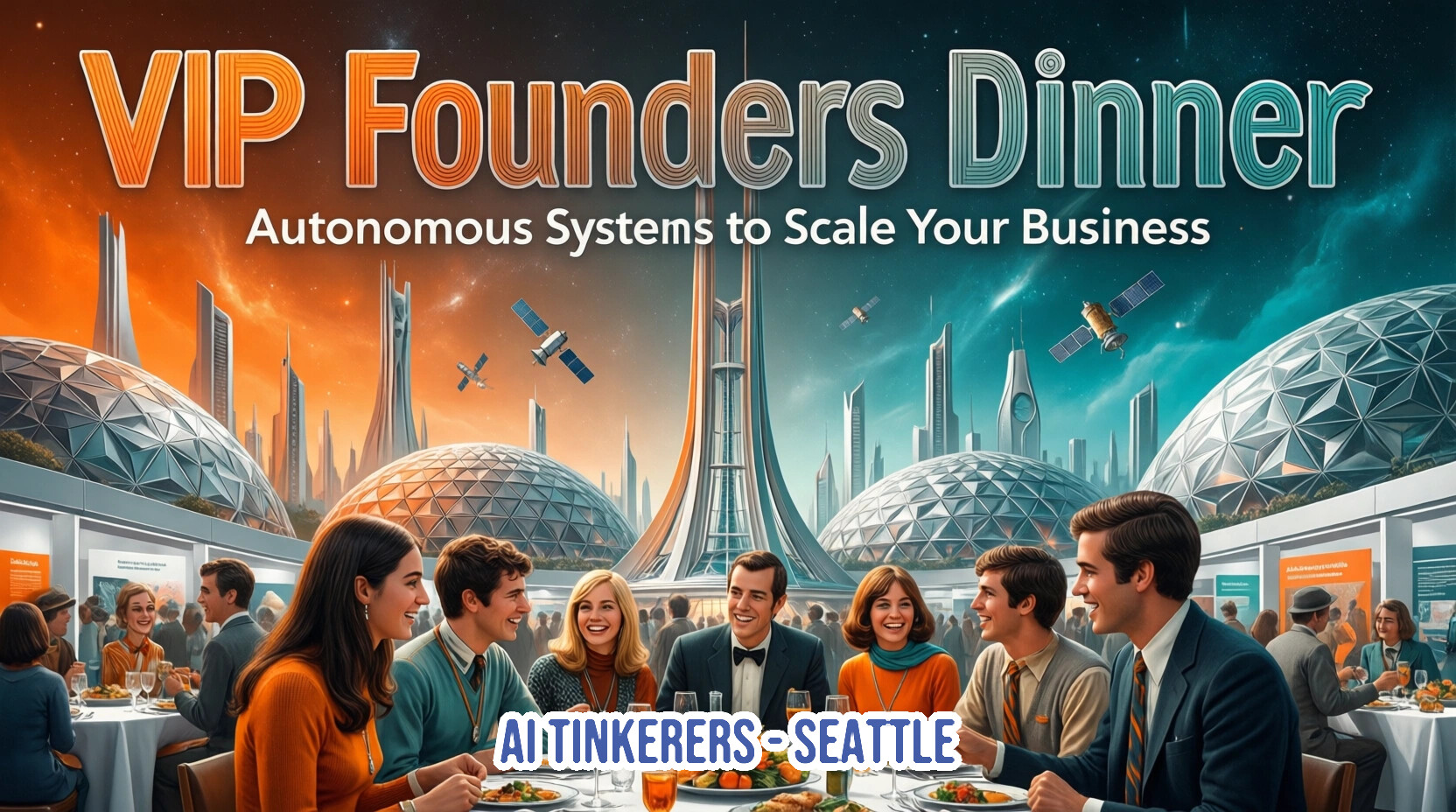 A vibrant digital illustration depicting a group of people enjoying a dinner in a futuristic city with geodesic domes and satellites, serving as a promotional banner for a 'VIP Founders Dinner'.. Text: VIP Founders Dinner
Autonomous Systems to Scale Your Business
AI TINKERERS - SEATTLE