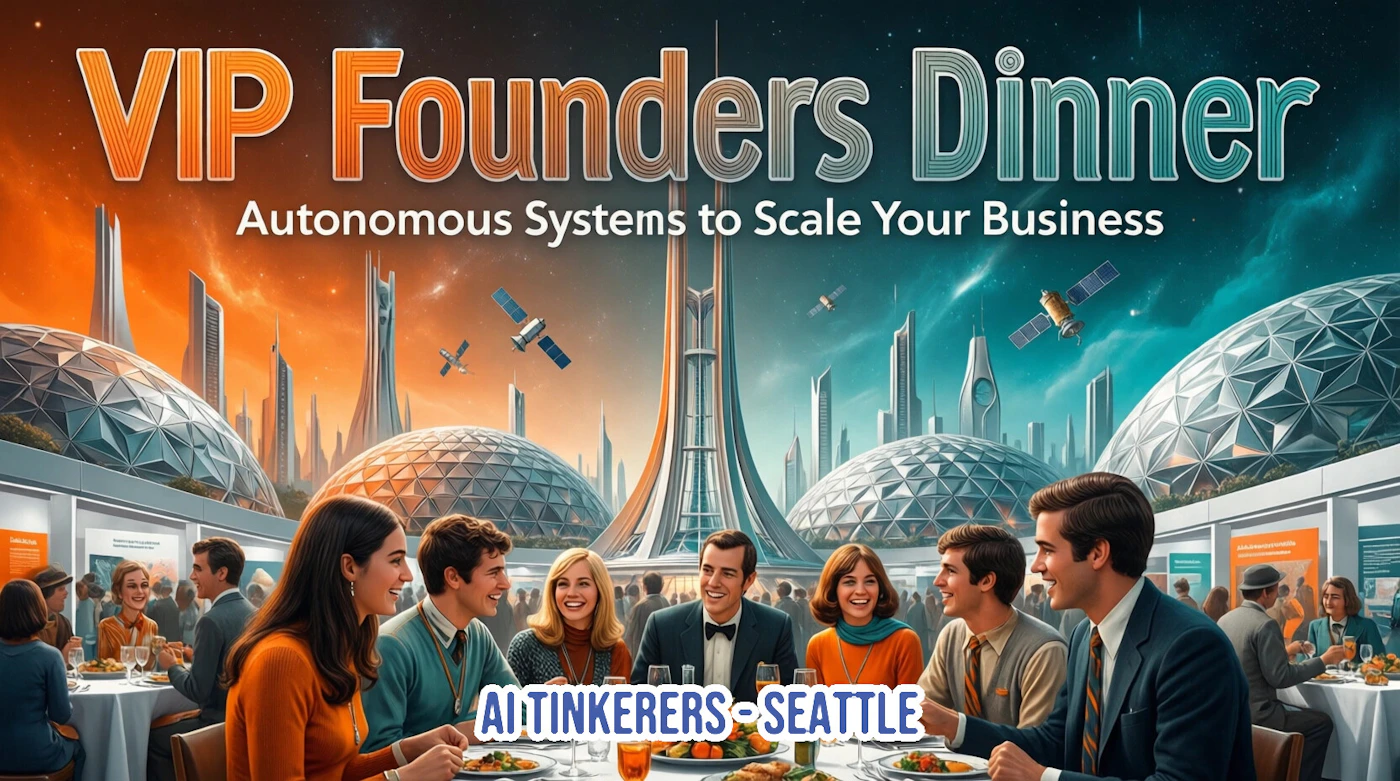 (Banner) A vibrant digital illustration depicting a group of people enjoying a dinner in a futuristic city with geodesic domes and satellites, serving as a promotional banner for a 'VIP Founders Dinner'. Text: VIP Founders Dinner Autonomous Systems to Scale Your Business AI TINKERERS - SEATTLE Retro-futuristic digital illustration with vibrant colors and clean typography. | Colors: #D35400, #2980B9, #ECF0F1, #1A252F Note: The image is a promotional graphic featuring prominent text overlays, a logo, and a specific event title, designed to advertise a gathering.