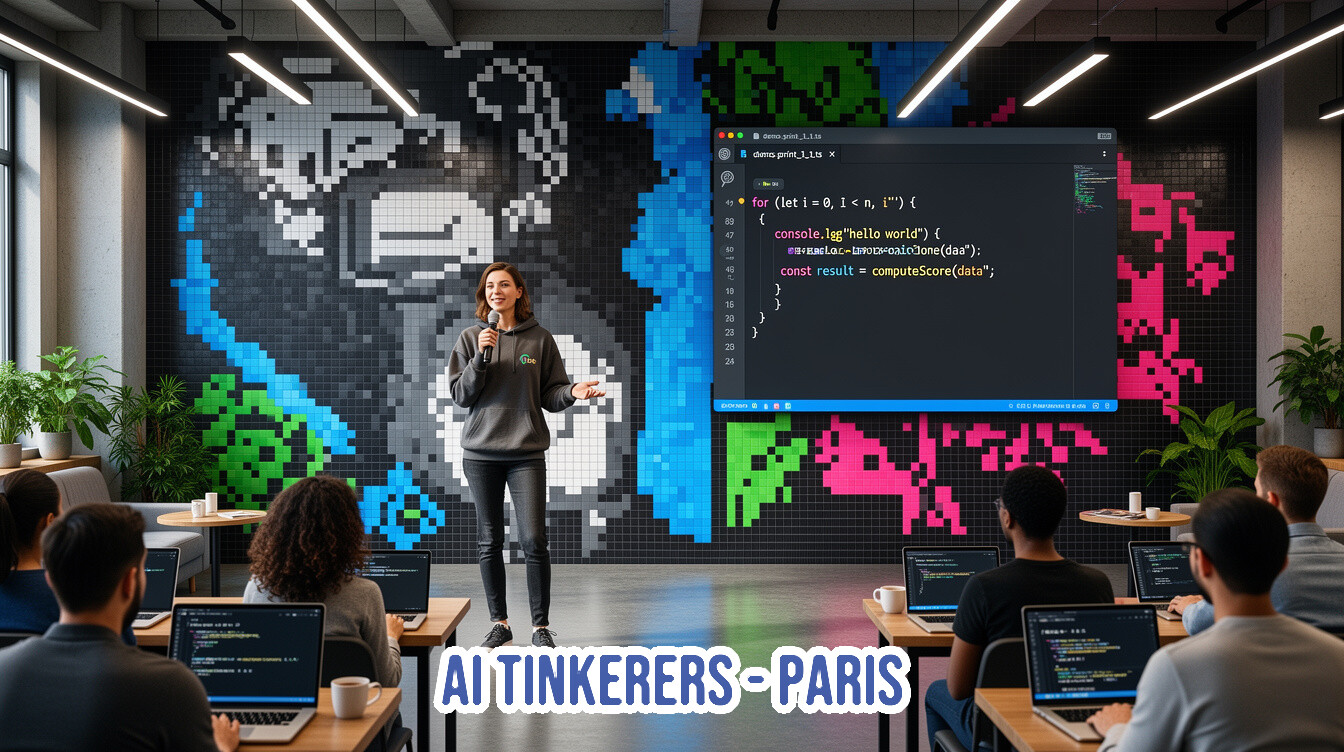 A woman is giving a presentation at an 'AI Tinkerers - Paris' event. She stands before an audience with laptops, in front of a large screen showing code and a vibrant pixel-art mural.. Text: AI TINKERERS - PARIS
demo_print_1_1.ts
for (let i = 0, i < n, i++) {
console.lgg("hello world")
[unreadable]
const result = computeScore(data);