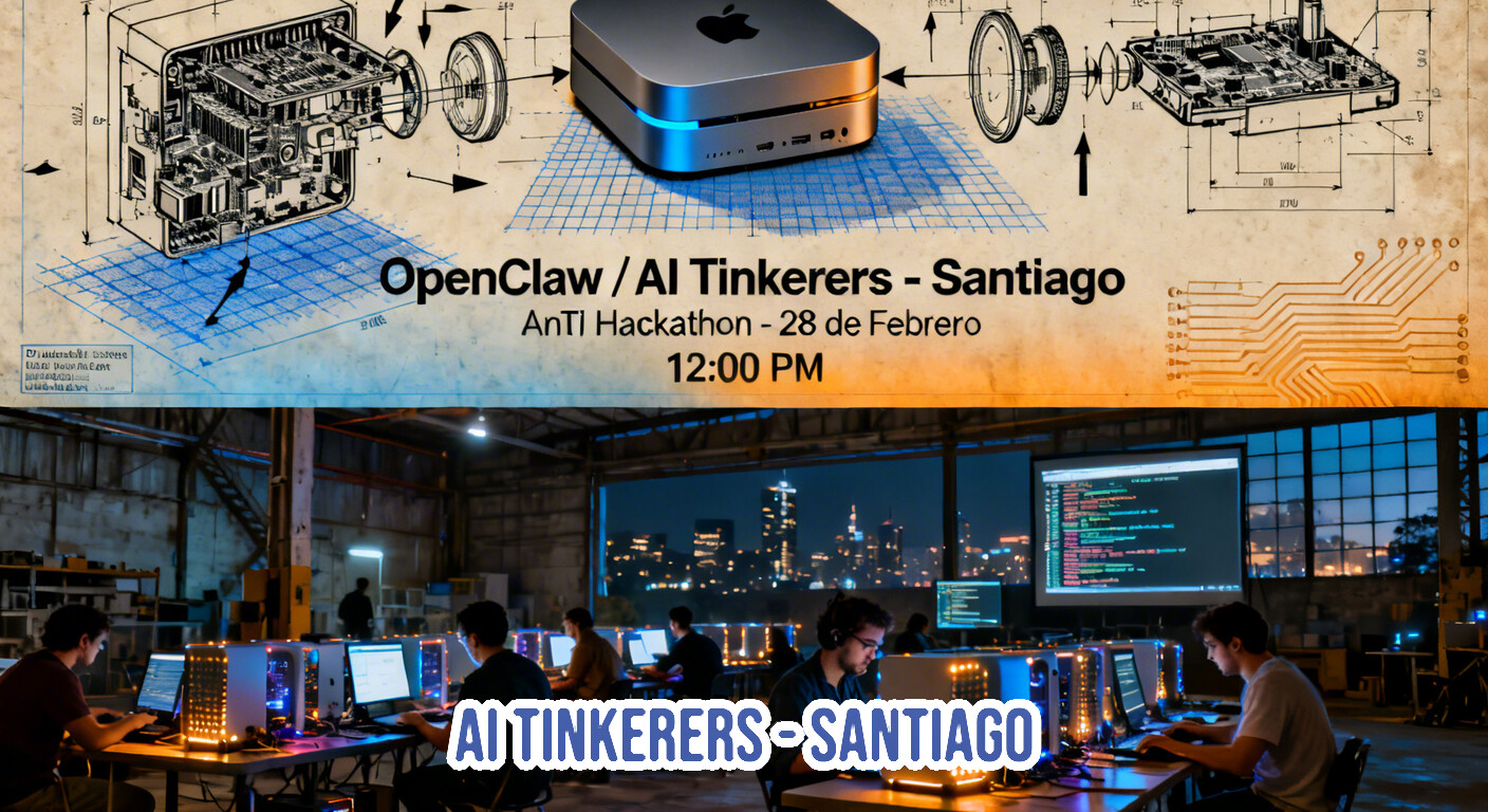 A promotional banner for the 'OpenClaw / AI Tinkerers - Santiago' hackathon, featuring a technical diagram of a computer and a photo of people coding in a warehouse at night.. Text: OpenClaw / AI Tinkerers - Santiago
AnTI Hackathon - 28 de Febrero
12:00 PM
AI TINKERERS - SANTIAGO