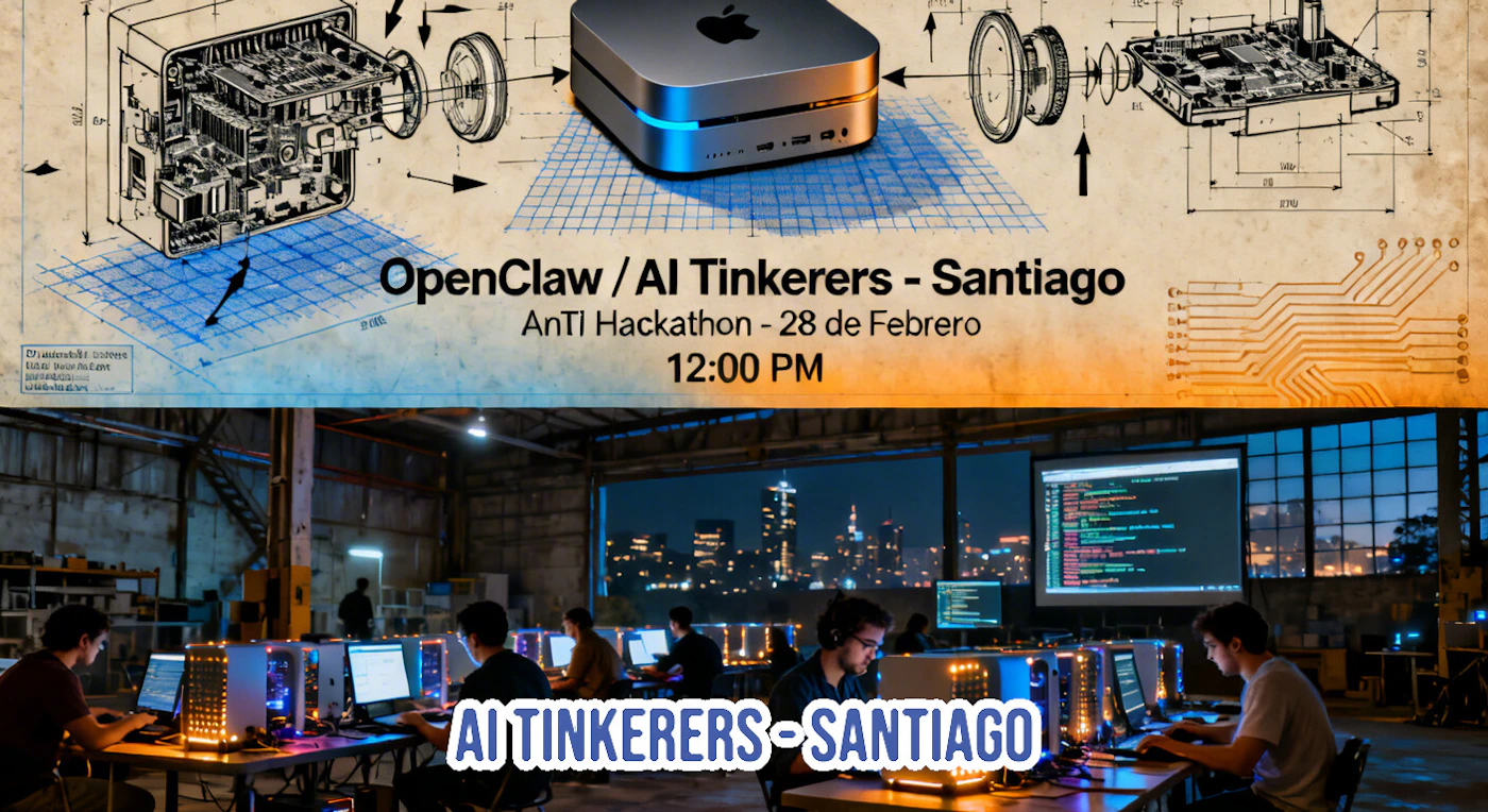 (Banner) A promotional banner for the 'OpenClaw / AI Tinkerers - Santiago' hackathon, featuring a technical diagram of a computer and a photo of people coding in a warehouse at night. Text: OpenClaw / AI Tinkerers - Santiago AnTI Hackathon - 28 de Febrero 12:00 PM AI TINKERERS - SANTIAGO Modern, technical, and industrial. | Colors: #d9a35a, #0c0d0f, #3c81c6, #ffffff Note: The image combines event details, technical graphics, and illustrative photography to promote a specific gathering, which is characteristic of a banner.