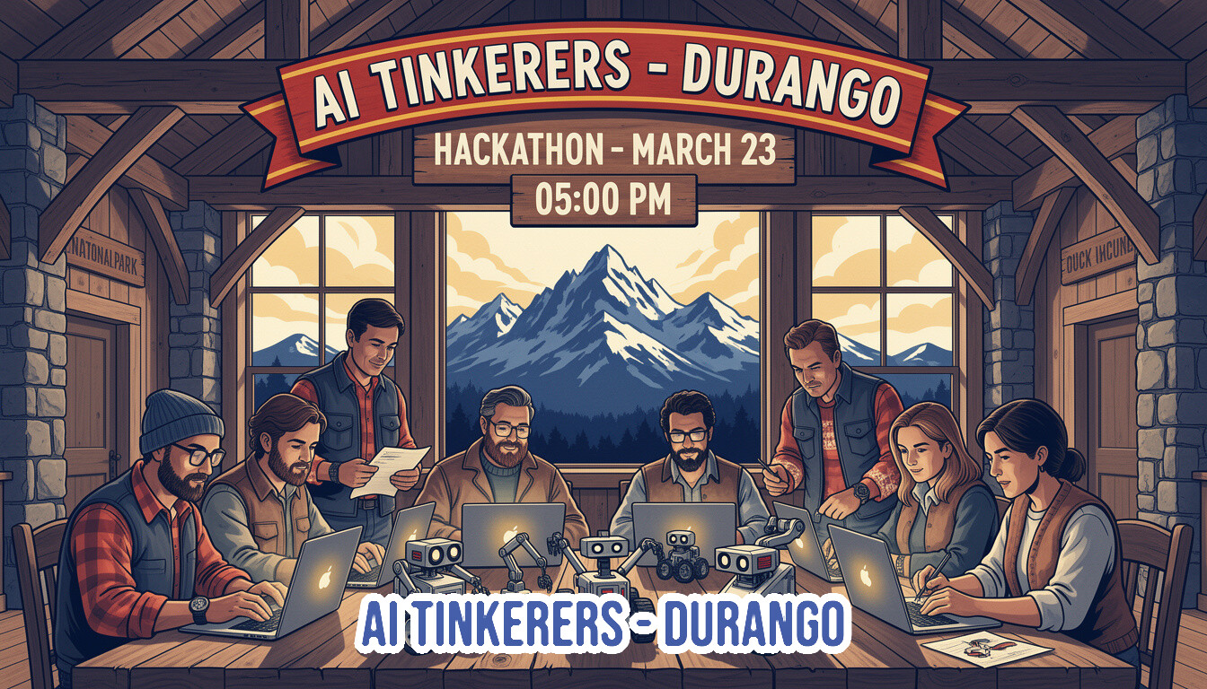 A digital illustration depicting a group of people working on laptops and small robots inside a rustic mountain cabin to promote an AI hackathon.. Text: AI TINKERERS - DURANGO
HACKATHON - MARCH 23
05:00 PM
NATIONAL PARK
DUCK INCUB
AI TINKERERS - DURANGO